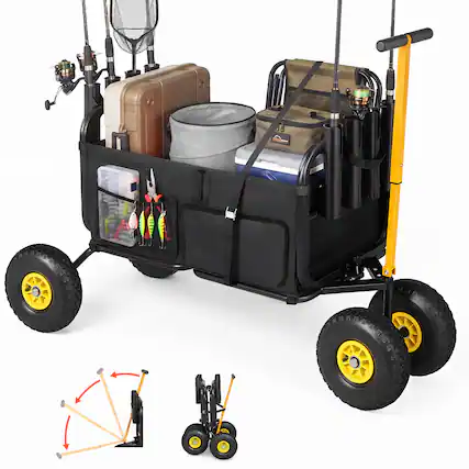 Front. VEVOR - Beach Fishing Cart, 300 lbs Load Capacity, Foldable Fishing Cart with Heavy-Duty Carbon Steel Frame - Black + Yellow.