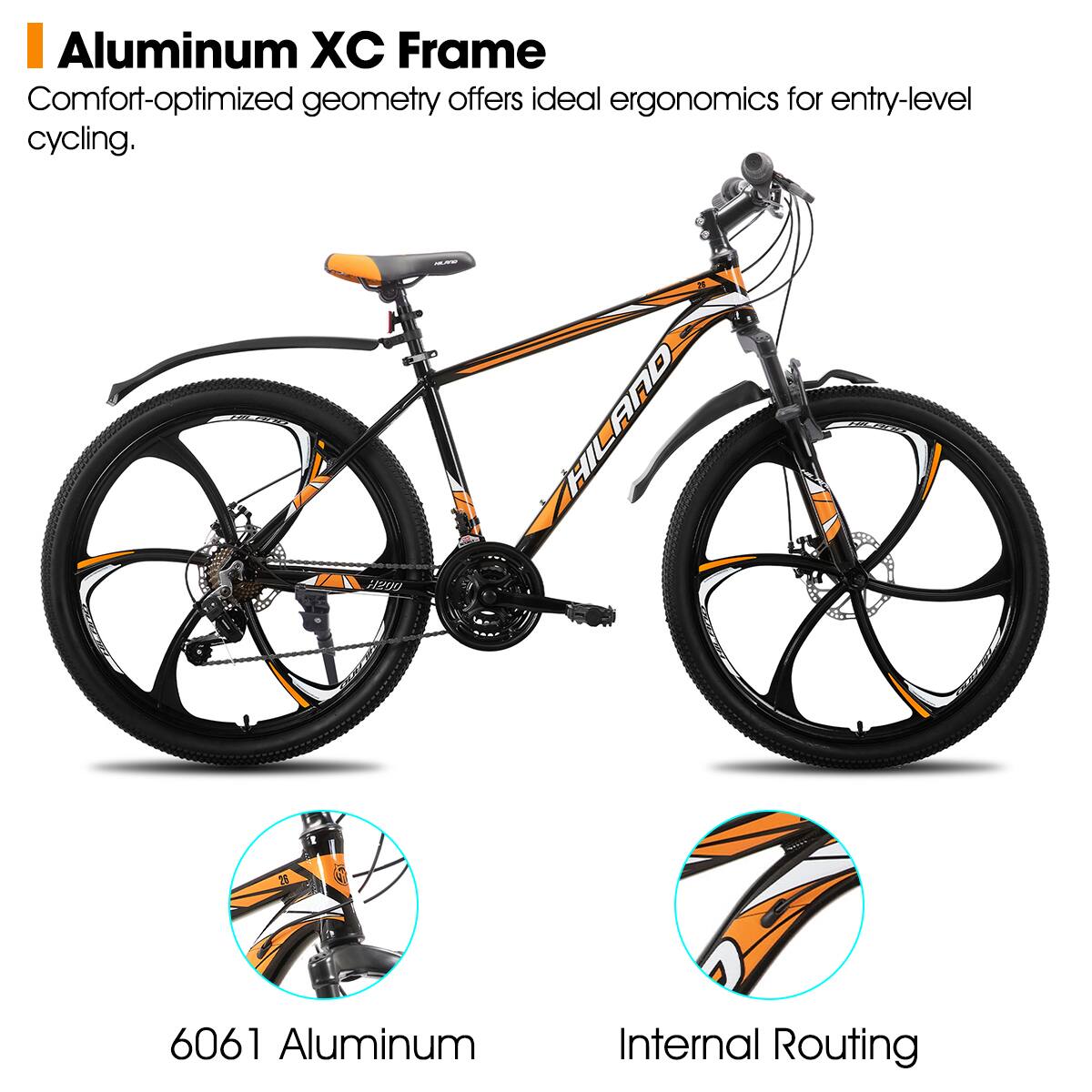 Aluminum XC Frame  
Comfort-optimized geometry offers ideal ergonomics for entry-level cycling.  

1e HILAND 8 2E 6061 Aluminum Internal Routing  

6061 Aluminum  
Internal Routing