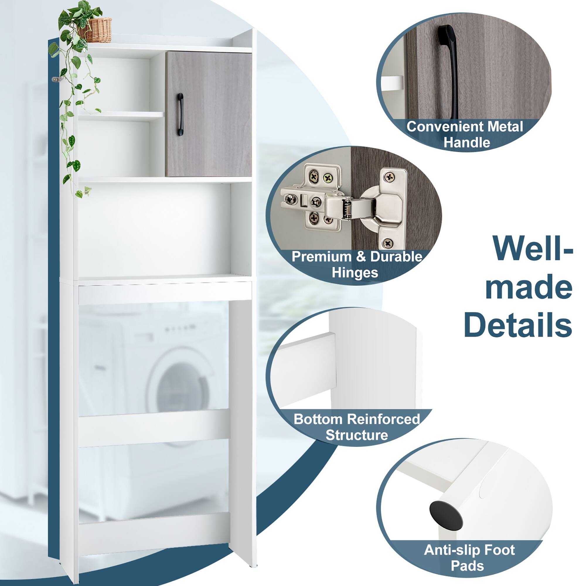 Convenient Metal Handle  
Premium & Durable Hinges  
Bottom Reinforced Structure  
Anti-slip Foot Pads  

Well-made Details