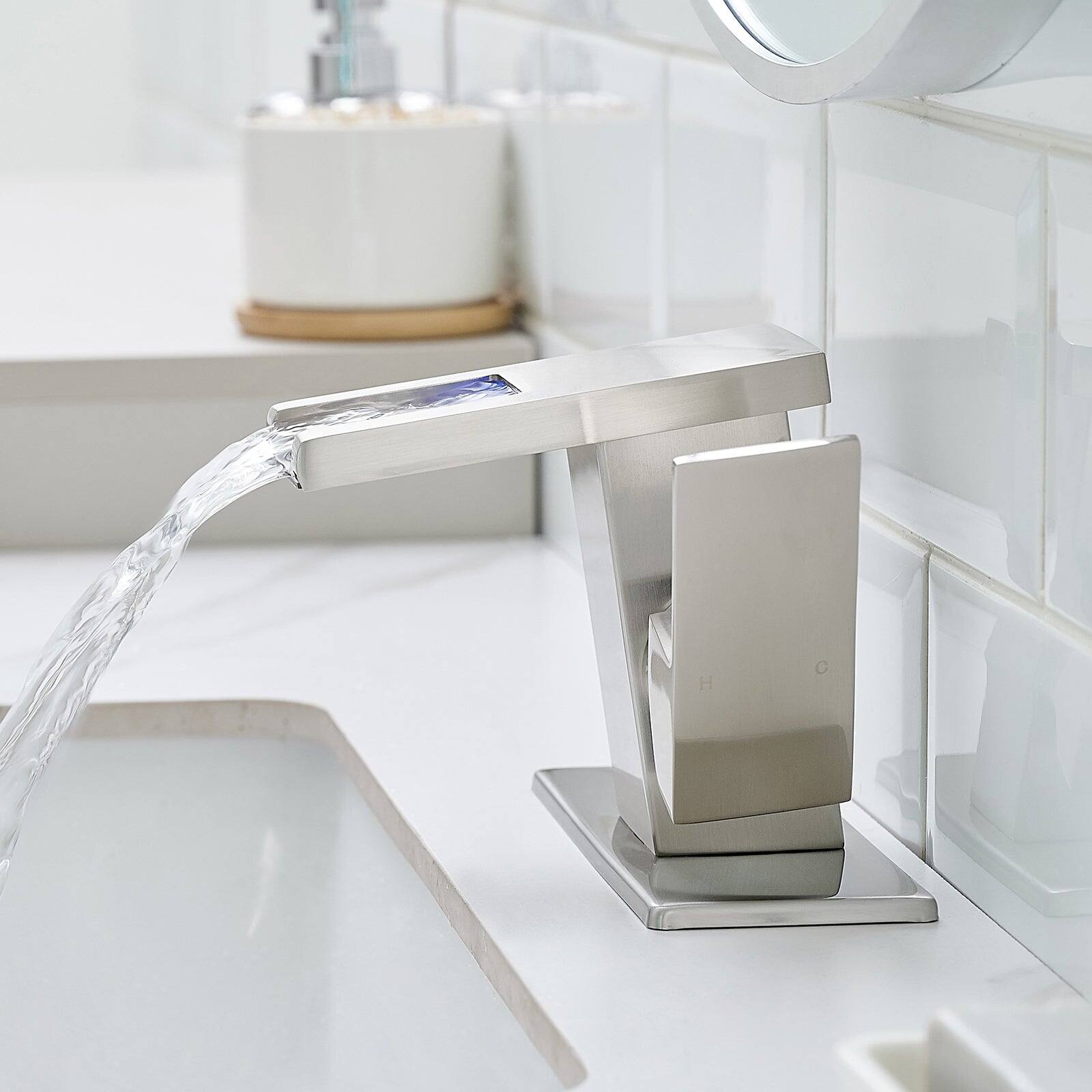 Alt View 10. Boyel Living - Single Handle Single Hole Bathroom Faucet Brushed Nickel with Deck Plate LED Temperature Sensor Waterfall Spout - Brushed Nickel.