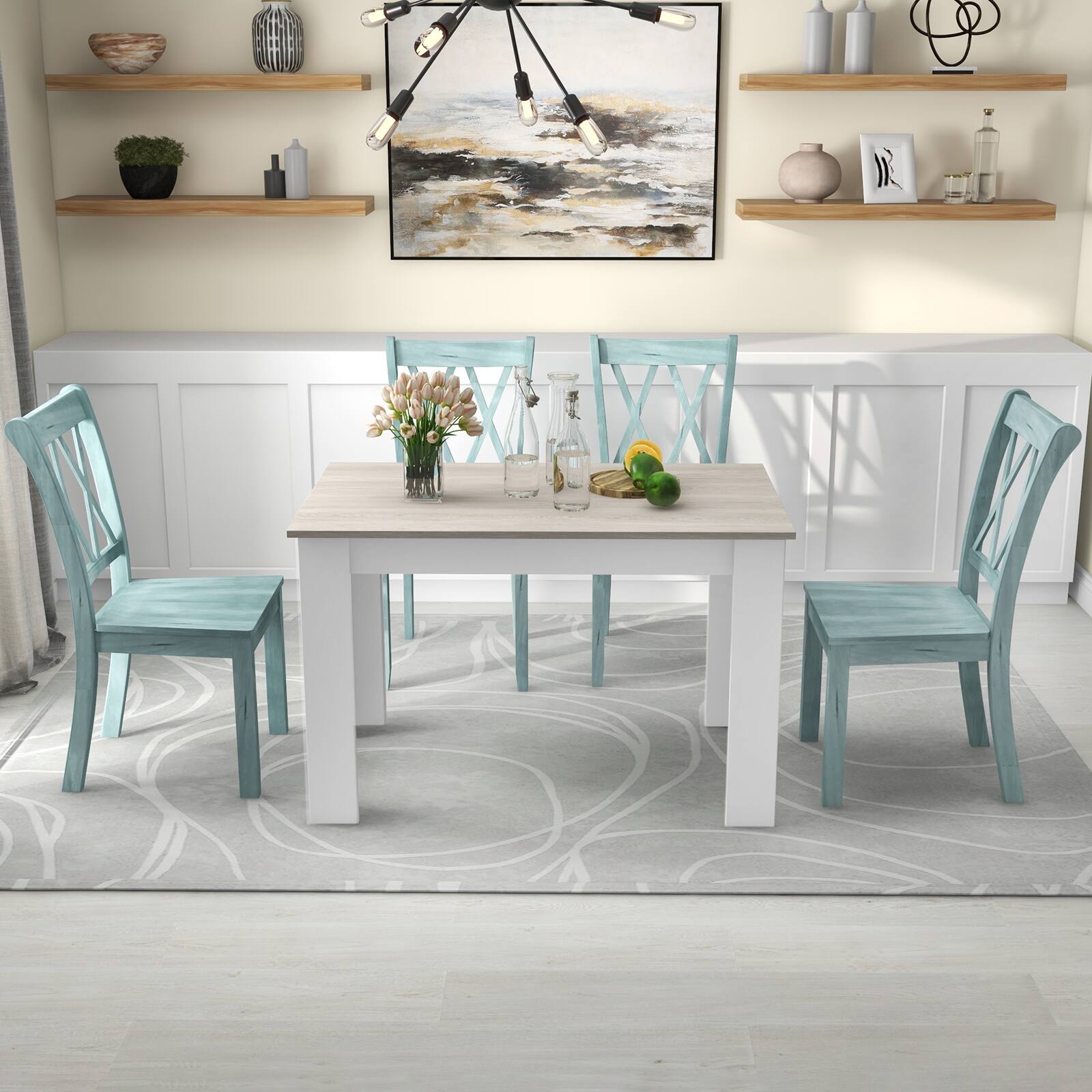 Alt View 4. Costway - Costway 5 PCS Dining Set Modern Rectangle Table & 4 Rubber Wood Chairs Kitchen Breakfast - White,Light Gray,Mint Green.