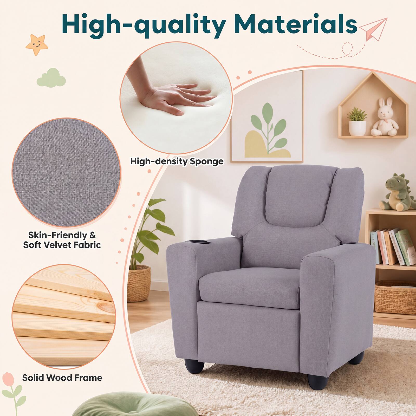 High-quality Materials
- High-density Sponge
- Skin-Friendly & Soft Velvet Fabric
- Solid Wood Frame