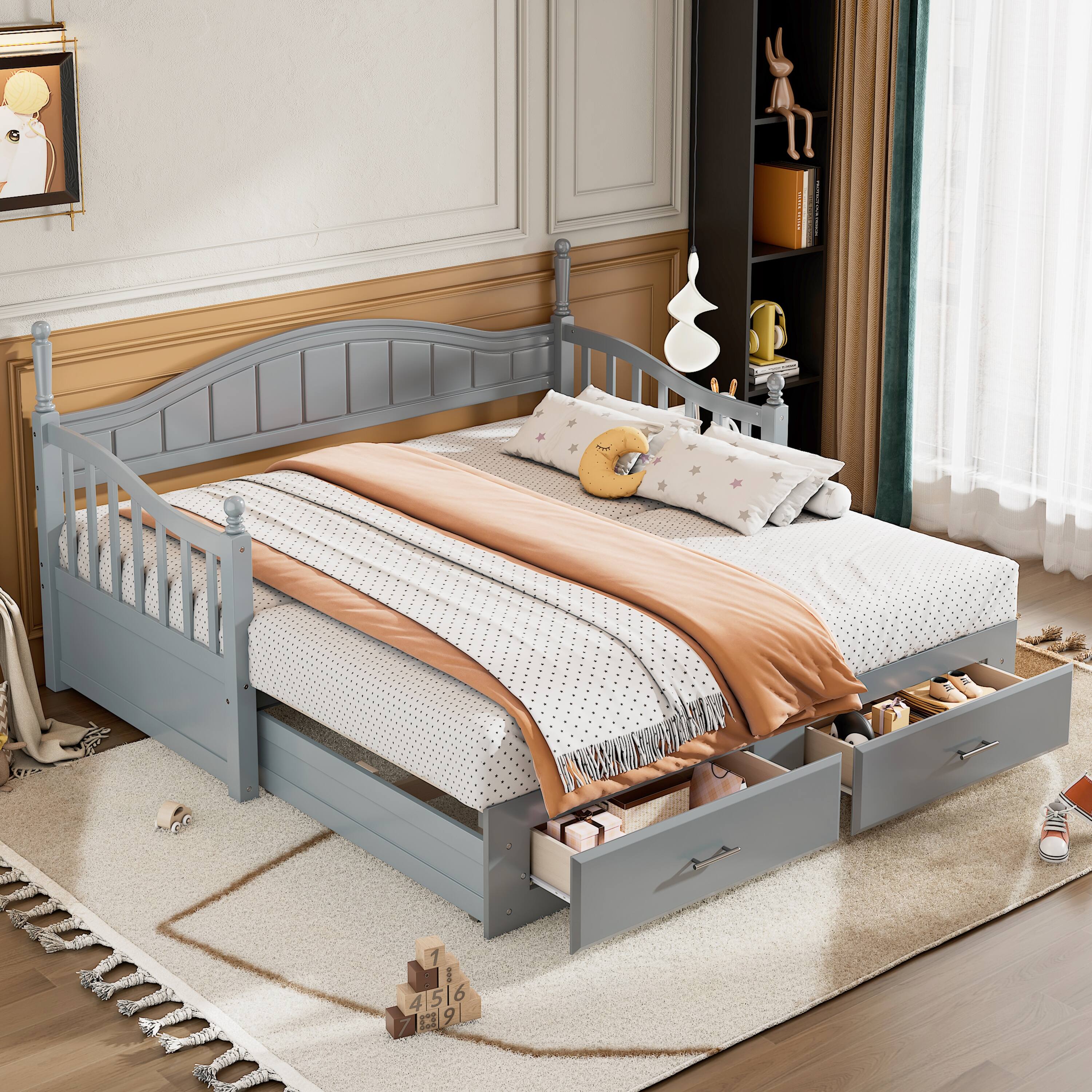 Front. APRILSOUL - Wooden Twin Size Daybed with Twin Size Trundle Extendable Daybed with Two Storage Drawers Gray - Gray.