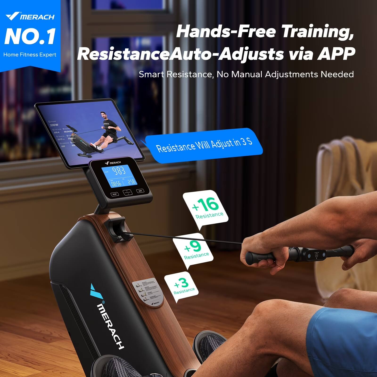 MERACH NO.1 Hands-Free Training, Home Fitness Expert Resistance Auto-Adjusts via APP Smart Resistance, No Manual Adjustments Needed 30W - m - u MA CoO 303 0956 258 Will Adjust in 3 S Resistance + 16 Resistance + 9 Resistance FERF MERACH + 3 Resistance