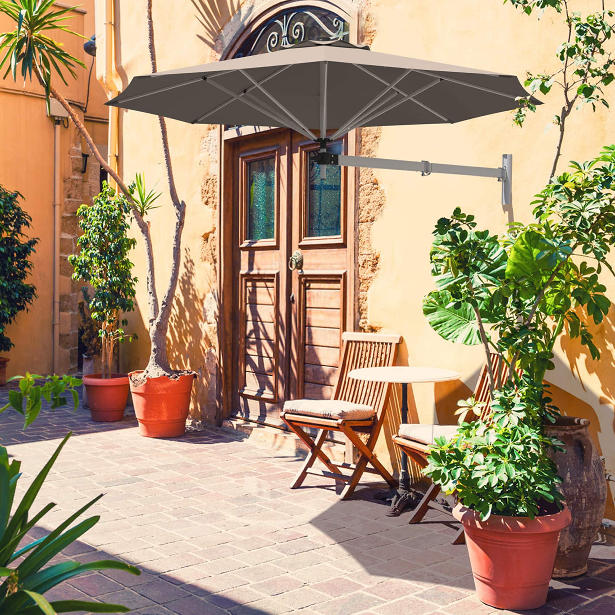 Gymax - 8FT Patio Wall Mounted Cantilever Umbrella Parsol w/ Adjustable Pole - Tan