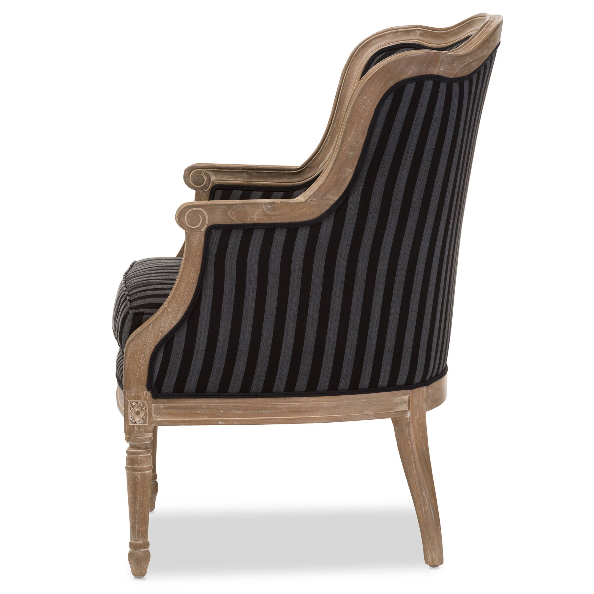 Left. Baxton Studio - Charlemagne Traditional French and Striped Accent Chair - Black/Grey Stripes.