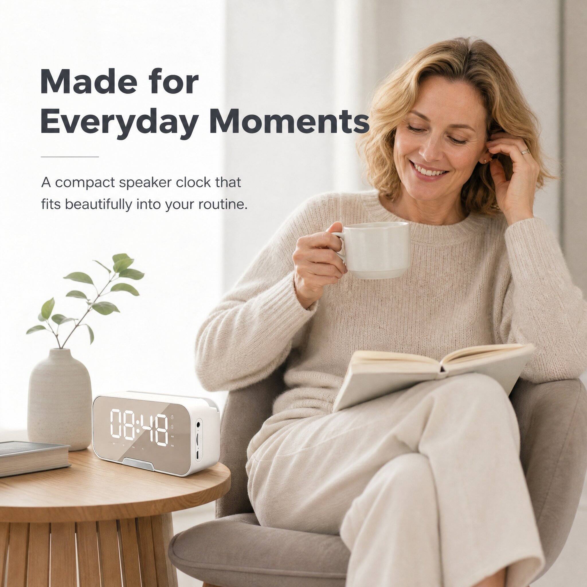 Made for Everyday Moments

A compact speaker clock that fits beautifully into your routine.

08:48
