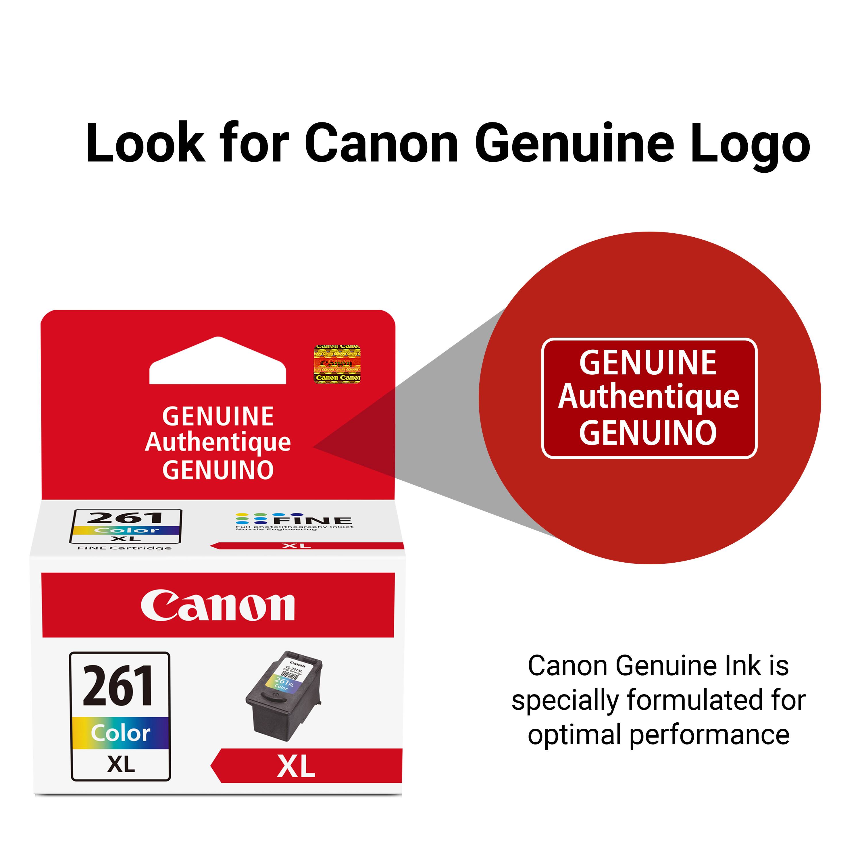 Look for Canon Genuine Logo! - I GENUINE Authentique GENUINO GENUINE Authentique GENUINO 261 ..... KL CidE Cardiige CIFINE F I XL Canon 261 Color XL A MA 281a XL Canon Genuine Ink is specially formulated for optimal performance