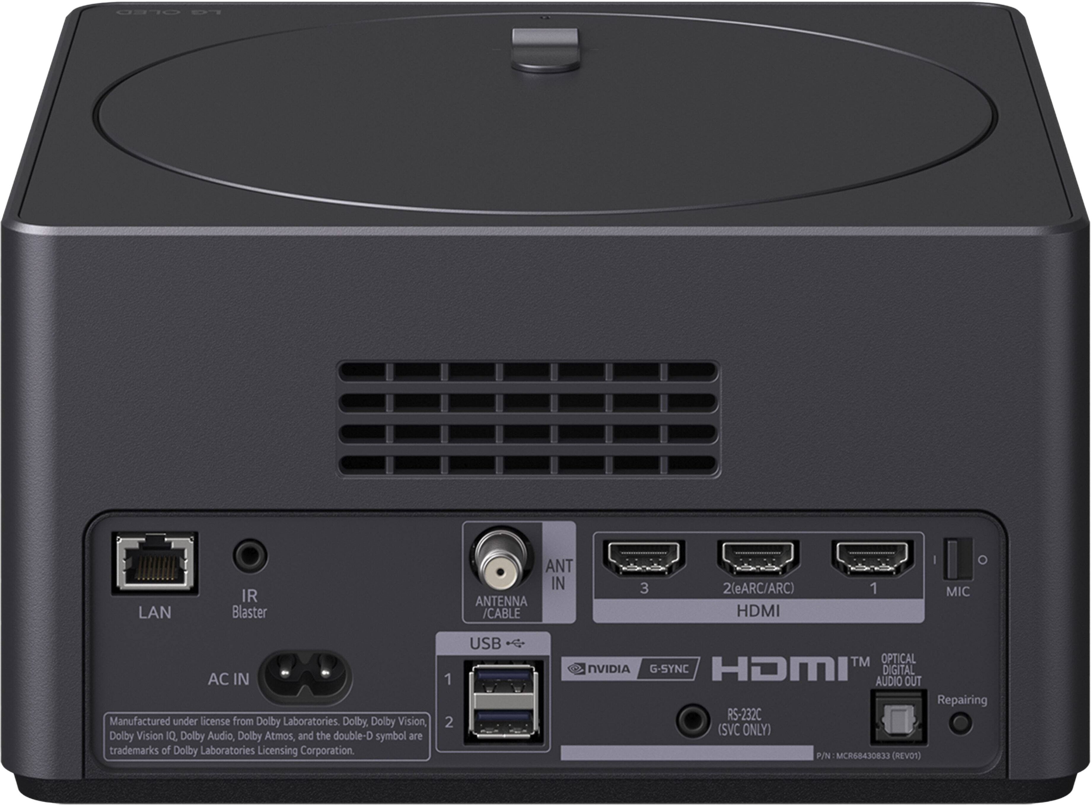 OLED LAN IR Blaster ANT IN ANTENNA /CABLE 3 2(eARC/ARC) HDMI 1 MIC AC IN USB TM OPTICAL NVIDIA G-SYNC HDMI AUDIO DIGITAL OUT Repairing RS-232C (SVC ONLY) P/N MCR68430833 (REVO1) Manufactured under license from Dolby Laboratories. Dolby Vision, Dolby Vision IQ, Dolby Audio, Dolby Atmos, and the double-D symbol are trademarks of Dolby Laboratories Licensing Corporation.