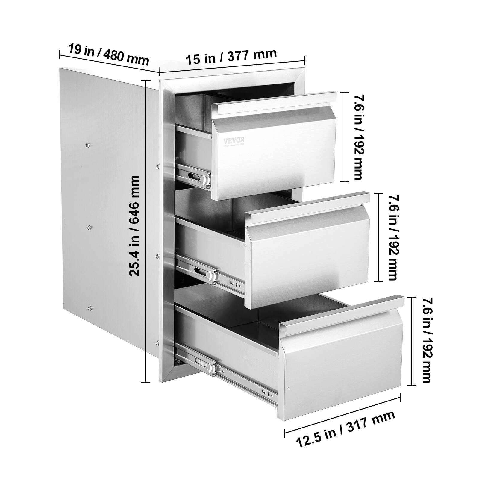 19 in / 480 mm  
15 in / 377 mm  
25.4 in / 646 mm  
7.6 in / 192 mm  
7.6 in / 192 mm  
7.6 in / 192 mm  
12.5 in / 317 mm