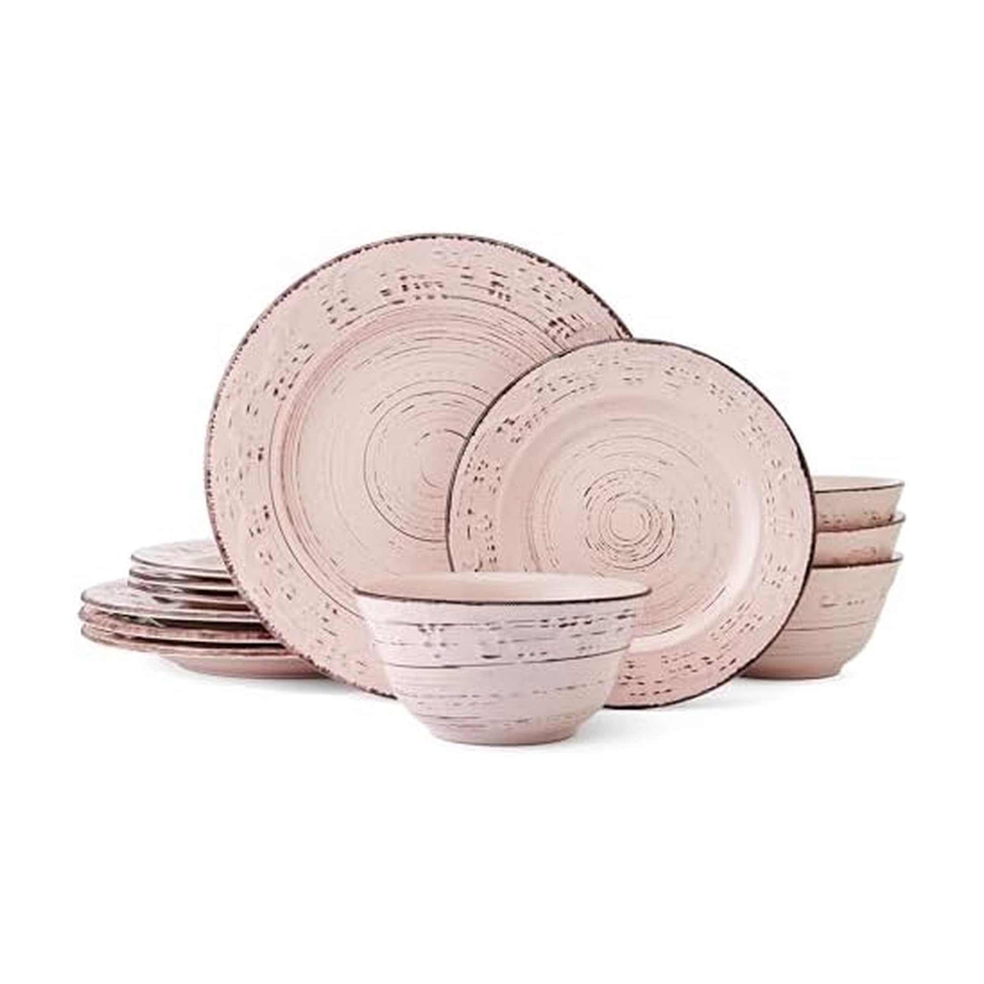 Front. Dazzed Corner - 16-Piece Stoneware Dinnerware Set, Service for 4, Microwave & Dishwasher Safe Plates and Bowls - Pink.