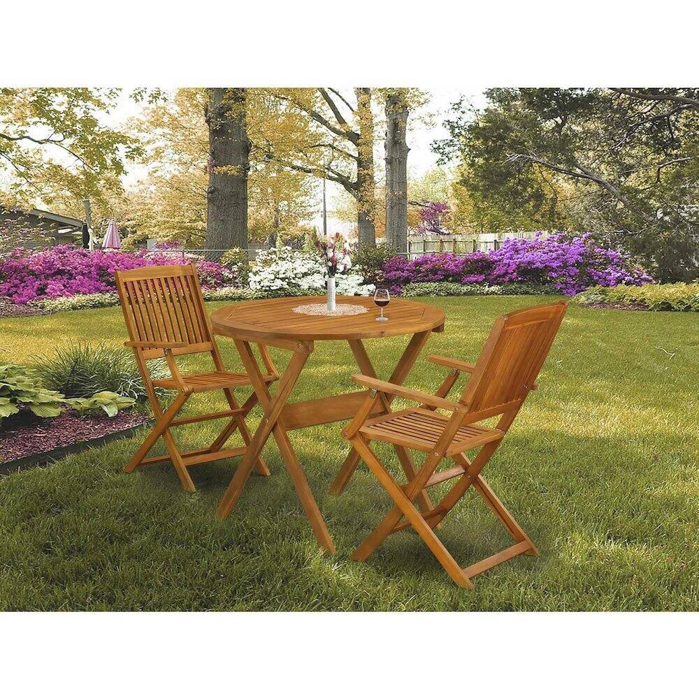 Alt View 2. East West Furniture - MNCM3CANA 3-Piece Outdoor Bistro Table Set Includes a Wooden Folding Table and 2 Outdoor Folding Chairs - Natural Oil - Natural Oil.