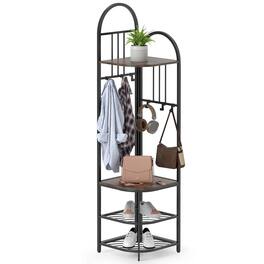 Costway - 4-Tier Coat Rack Corner Hall Tree with Shoe Storage Bench 6 Removable Hooks Bedroom - Brown