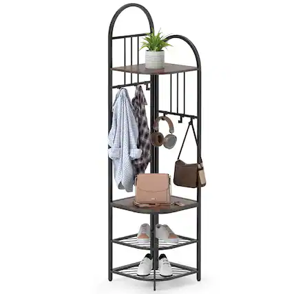 Front. Costway - Costway 4-Tier Coat Rack Corner Hall Tree with Shoe Storage Bench 6 Removable Hooks Bedroom - Brown.