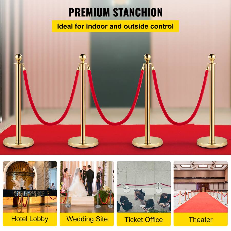 Queueing Line Rope VEVOR 4PCS Gold Stanchion Posts Queue, 38 Inch Red Velvet Rope, Crowd ...