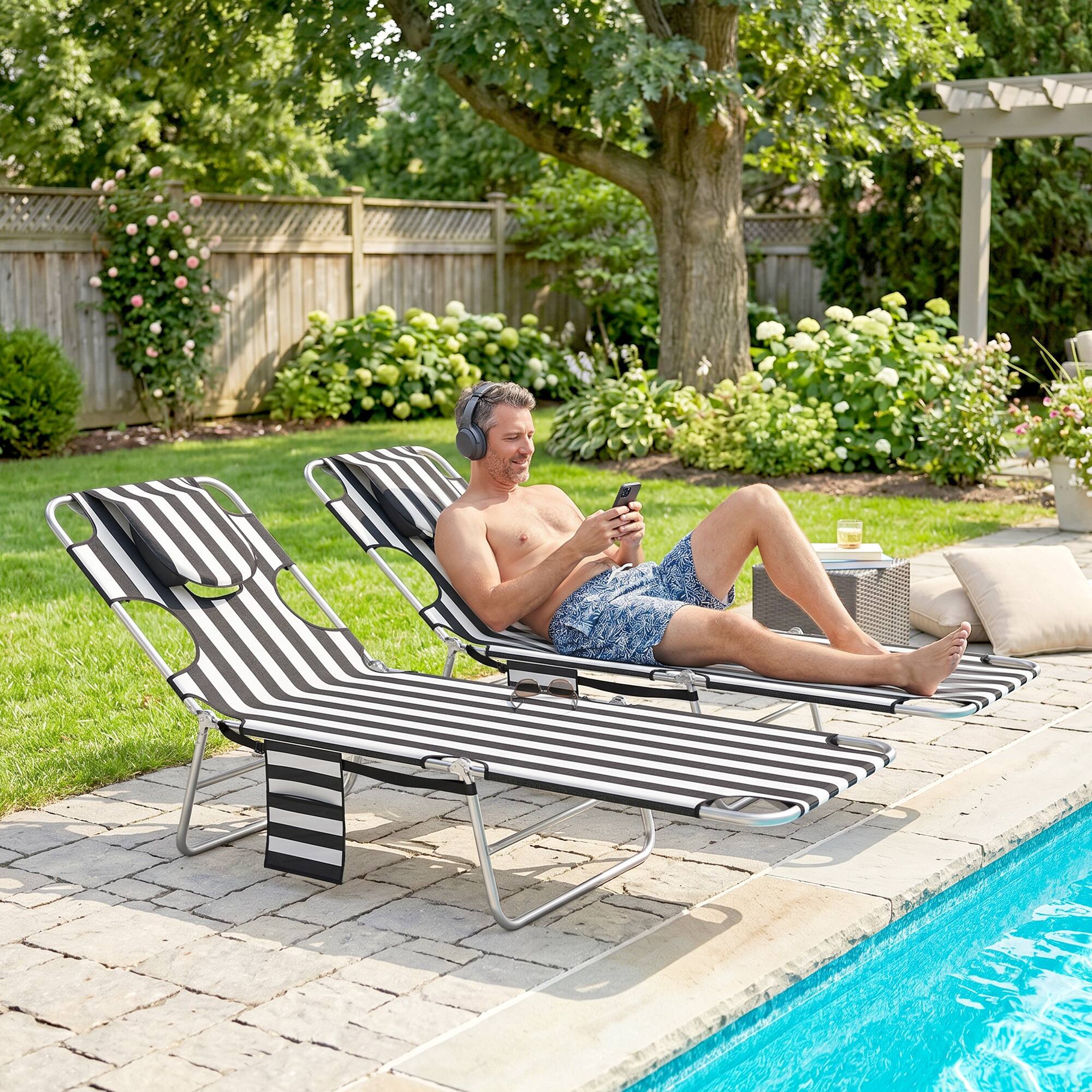 Alt View 7. Outsunny - Lounge Chairs Set of 2 Face Arm Hole Folding Bed Cot Carry Strap Side Pocket Black - Black Stripe.