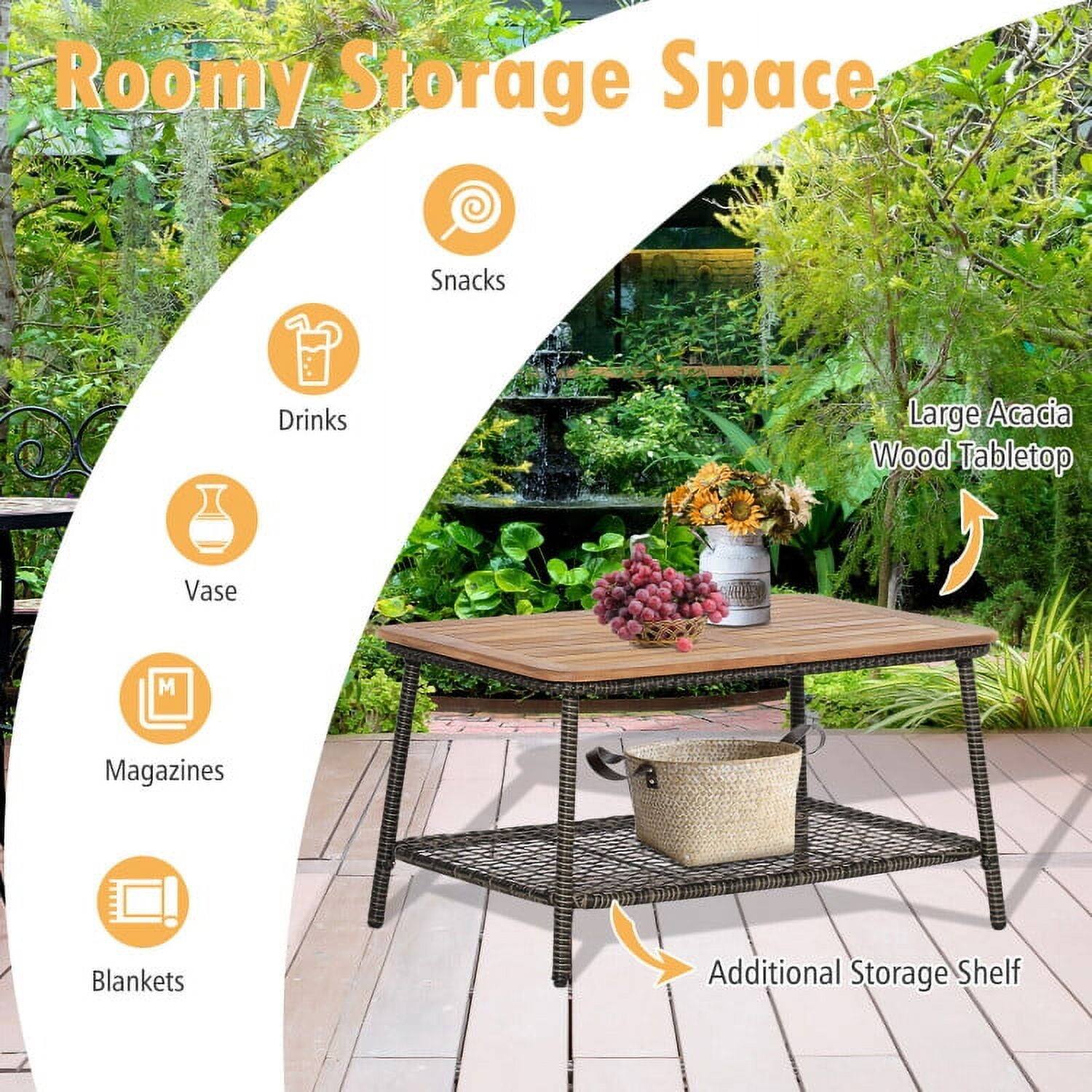 Roomy Storage Space  
- Snacks  
- Drinks  
- Vase  
- Magazines  
- Blankets  
- Large Acacia Wood Tabletop  
- Additional Storage Shelf