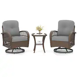 Costway - 3 PCS Patio Swivel Rocker Set Gliding Bistro Furniture Set with Tempered Glass Table - Gray