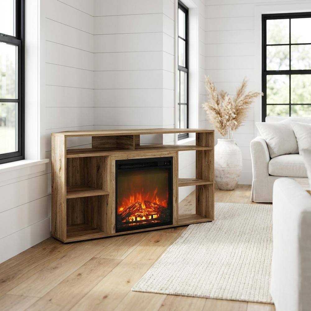 Alt View 1. FurniFact - Brown Corner TV Stand with Fireplace for 55-Inch Screens in Rustic Wood Finish - Brown.