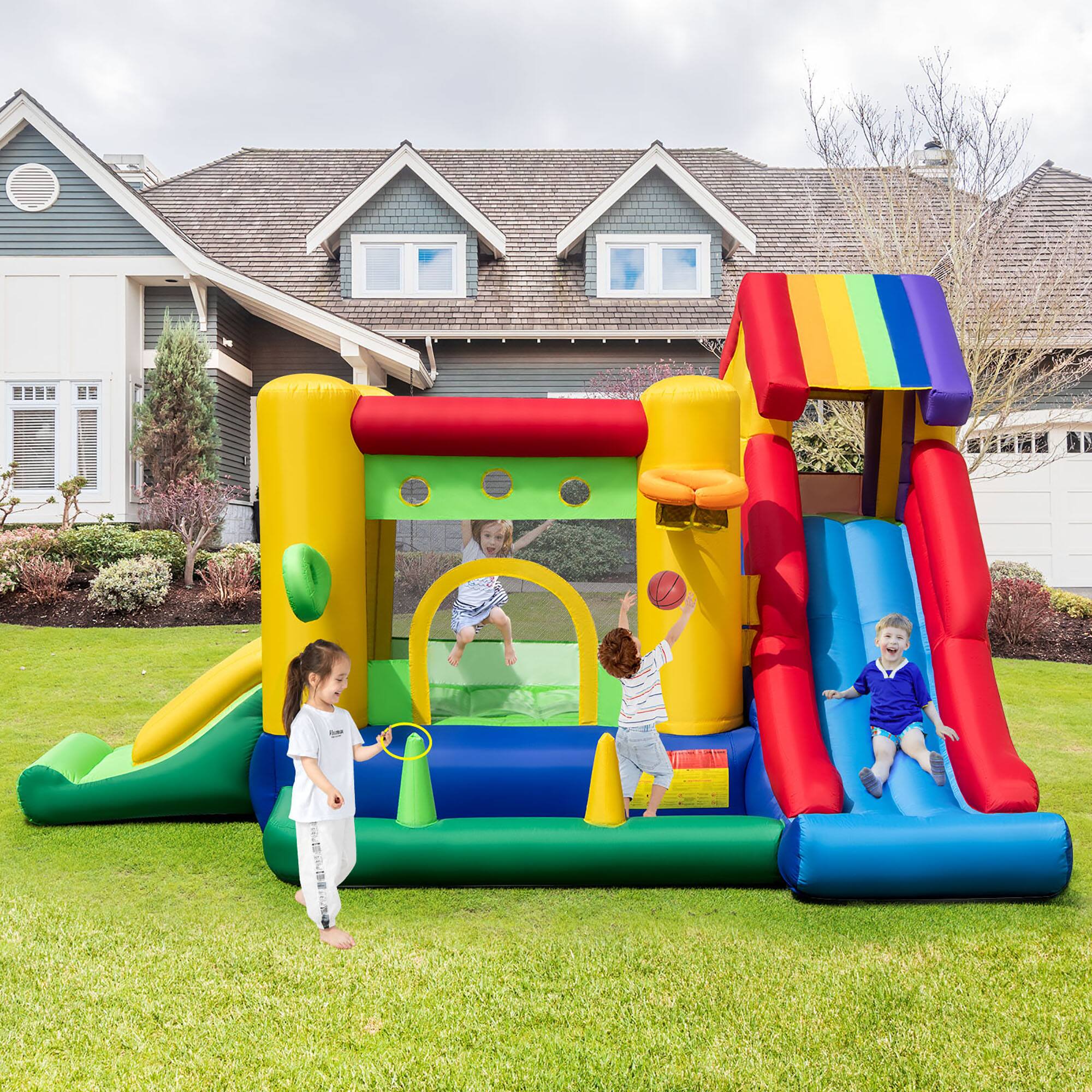 Alt View 1. Costway - Costway Colorful Rainbow Kids Inflatable Bounce Castle with 50 Ocean Balls & 735W Blower - Multicolor.
