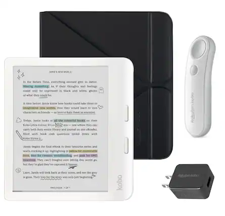 **JAMIE'S NEW WORLD**
In the Before Time, everything seemed grey to Jamie.
Missing something. As if their thoughts and feelings could only be expressed in black and white, ghosts of what they could be.
A time before Jamie knew how books could take them to imaginative new worlds. How they would learn to love characters as friends—or love to hate them as enemies.
Today, Jamie looks at all the colourful books on their Kobo Libra Colour. It's a new era—one where they can carry both their entire library and journal on one eReader, filled with book club questions jotted down with Kobo Stylus 2.
Jamie begins the final eBook in their favourite series and starts marking it up, highlighting in yellow for memorable lines, blue for creative worldbuilding, and pink for OMG moments. They can't imagine ever letting this world go, but they're glad they've captured it forever.
Later, Jamie will look back at their notes and see the grey is gone. Their love for the story was only just beginning.
**PROLOGUE**
1 OF 1