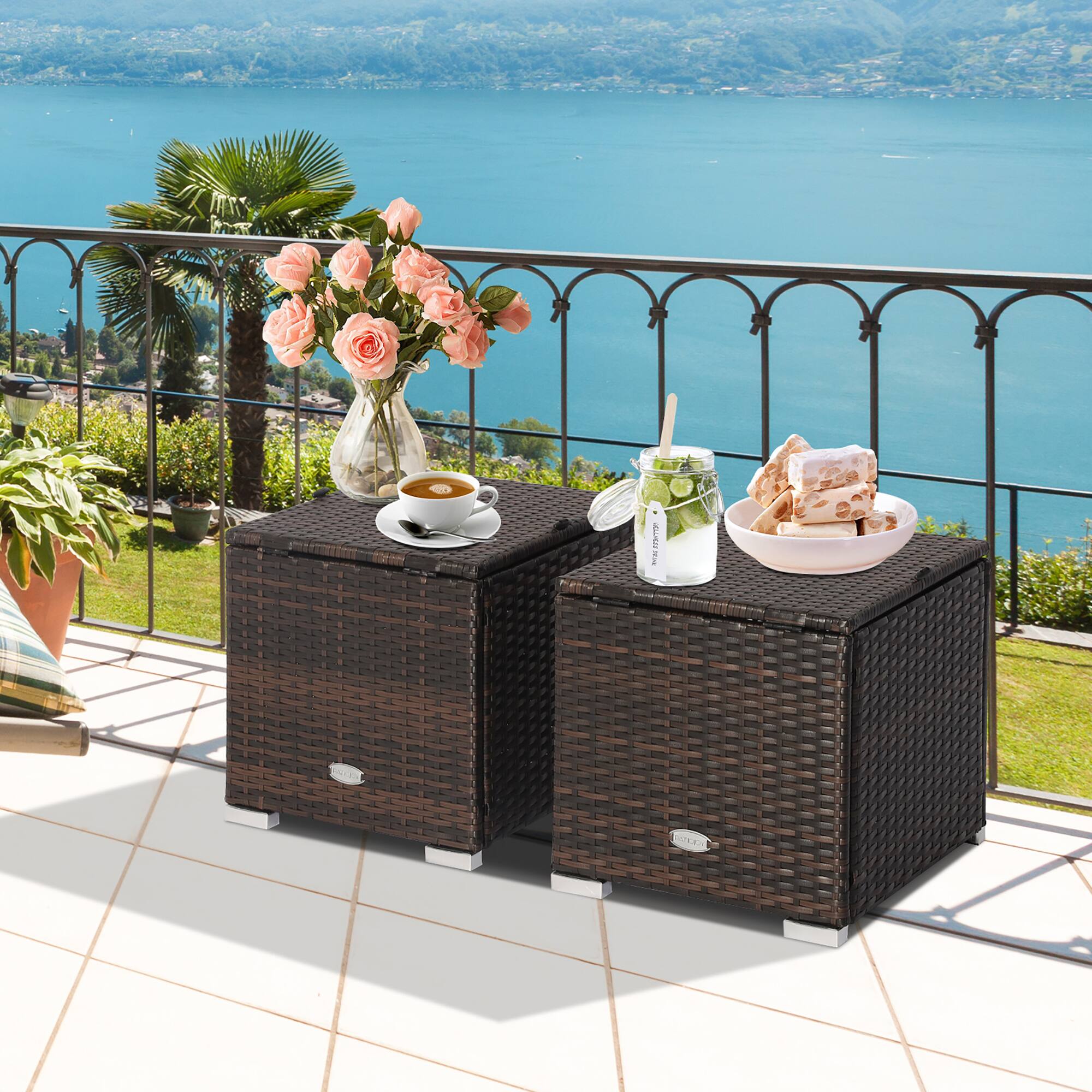 Alt View 2. Costway - 2PCS Patio Rattan Ottomans Seat Side Table Storage Box Footstool with Cushion - Beige + Mix Brown.
