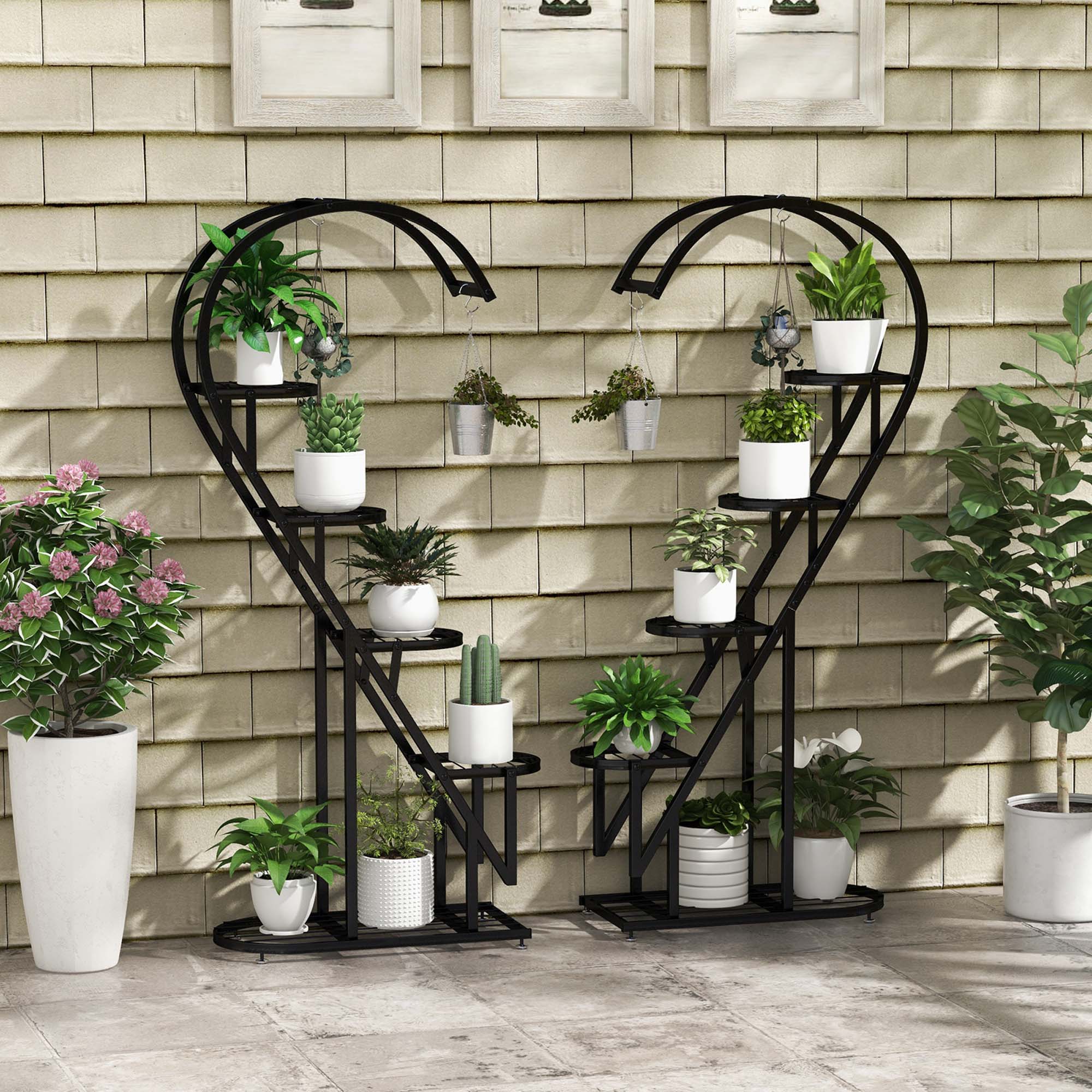 Alt View 2. Costway - 5 Tier Metal Plant Stand Heart-shaped Shelf with Hanging Hook for Multiple Plants - Black.