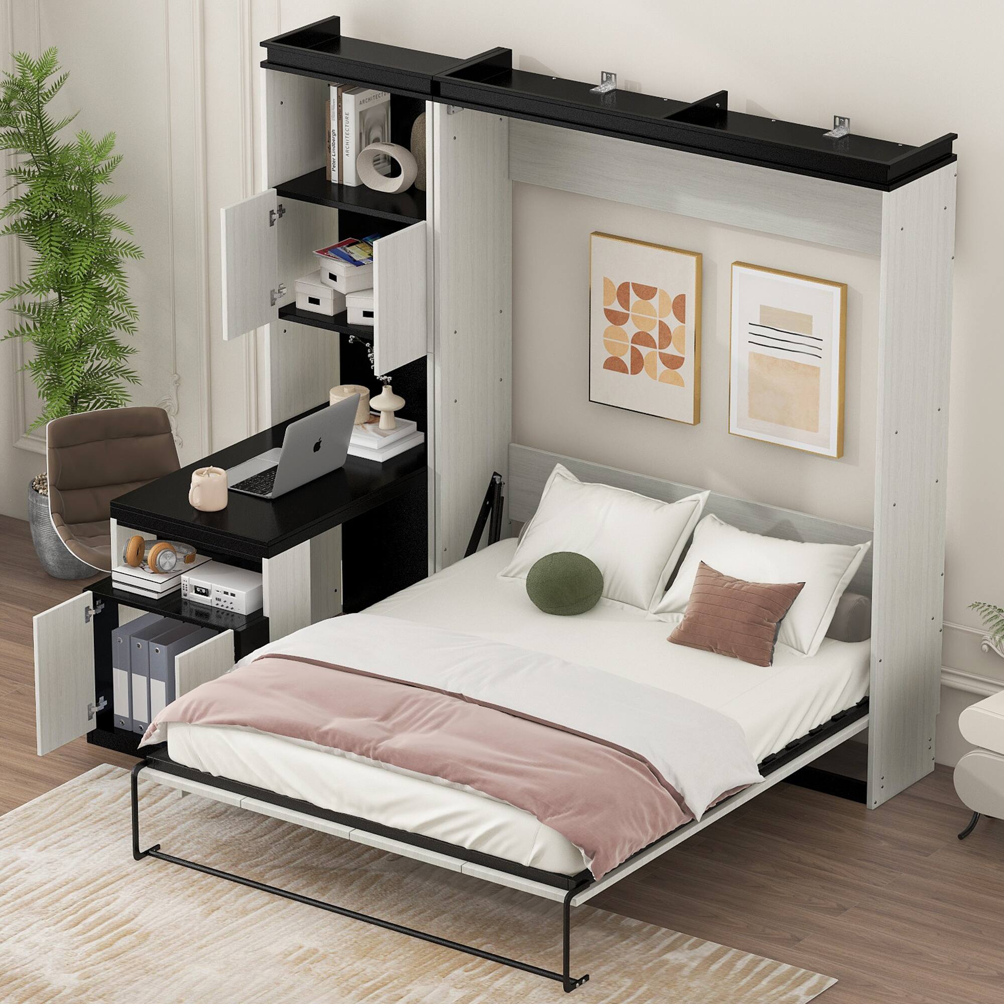 Alt View 1. Tiramisubest - Full Size Murphy Bed with Desk, Storage, Black+White, Solid Wood+MDF, 82x81x83 inches, 355 lbs - Black White.