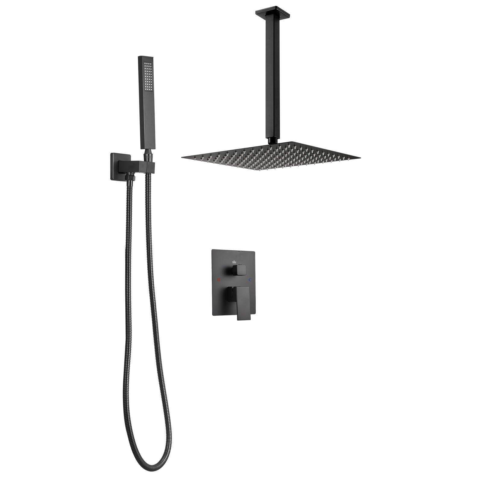 Alt View 8. Glintex - Shower Faucet Set, 10 in Square Rain Shower System with Handheld, Ceiling Mount, Brass Valve and Trim Kit - Matte Black.