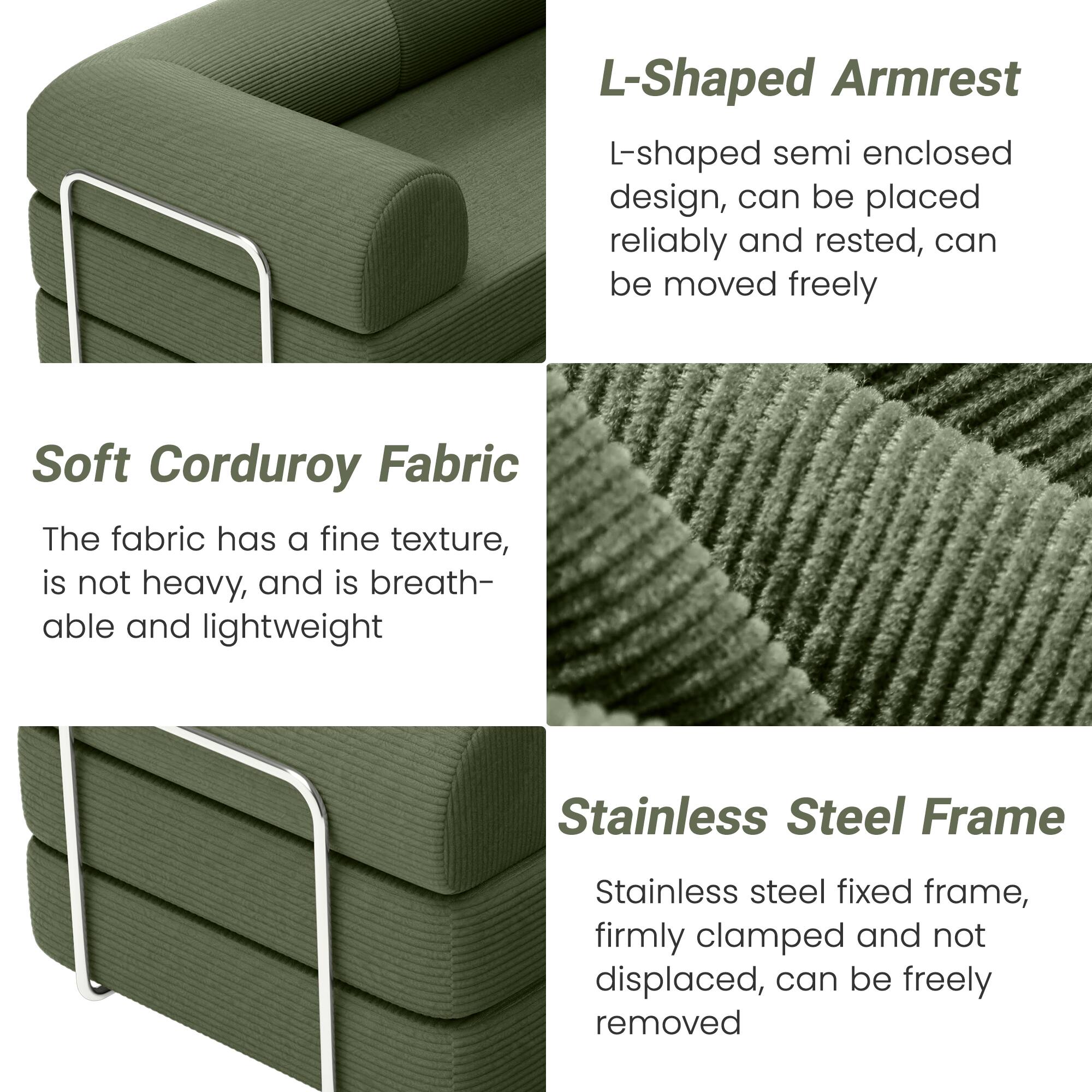 L-Shaped Armrest  
L-shaped semi enclosed design, can be placed reliably and rested, can be moved freely  

Soft Corduroy Fabric  
The fabric has a fine texture, is not heavy, and is breathable and lightweight  

Stainless Steel Frame  
Stainless steel fixed frame, firmly clamped and not displaced, can be freely removed