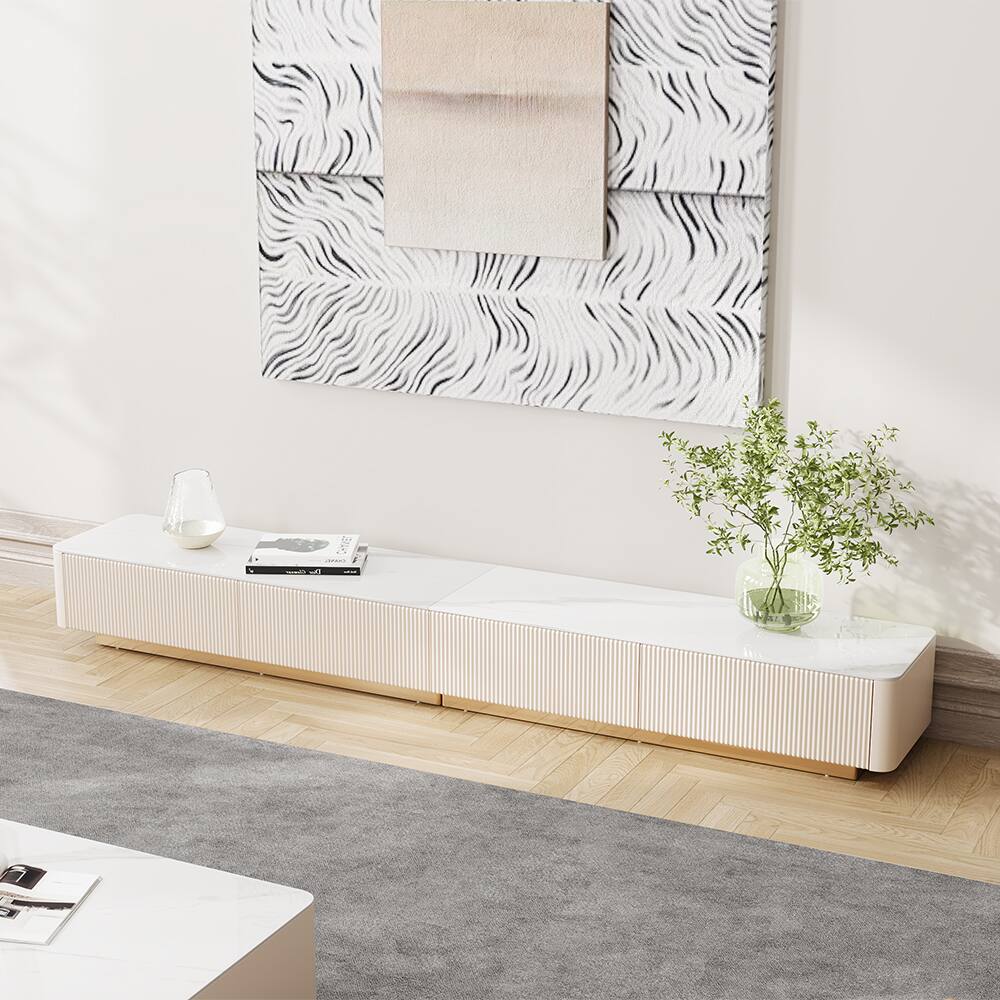 Alt View 8. POVISON - 95" Long Fluted TV Stand with Glossy Sintered Stone Top, Beige  Entertainment Center  Fits TVs Up to 85 Inches - Beige.