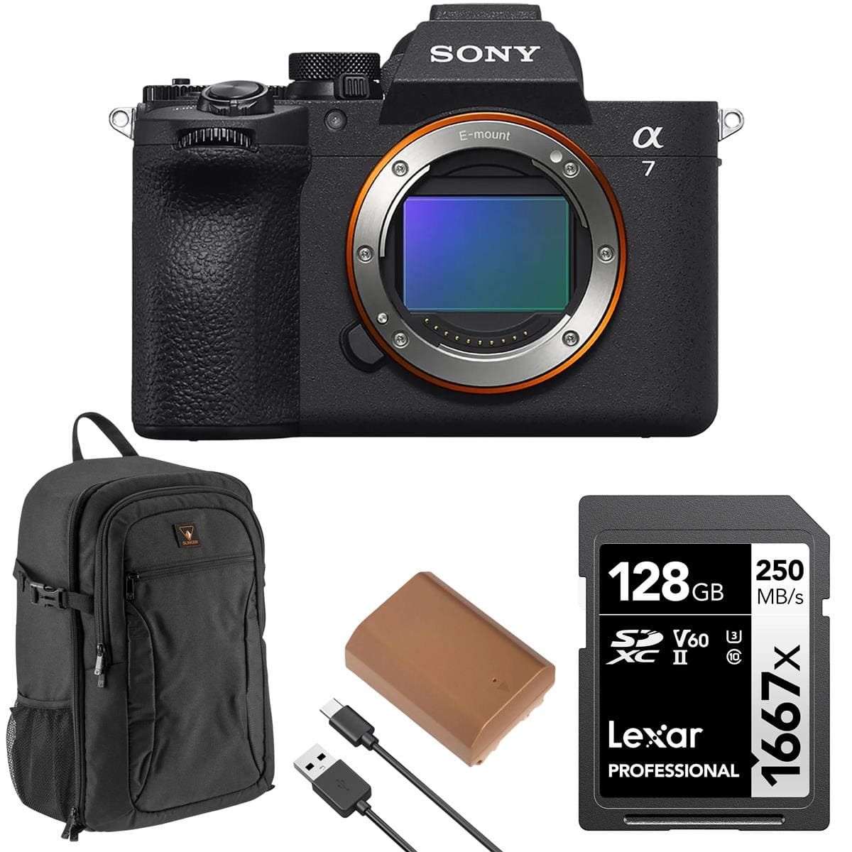 Bundle - Sony - Alpha a7 V Mirrorless Camera w/ LEXR 128GB SDXC UHS-II/U3, SLINGER ALPINE 200 BACKPACK, GREEN EXTREME NP-FZ100