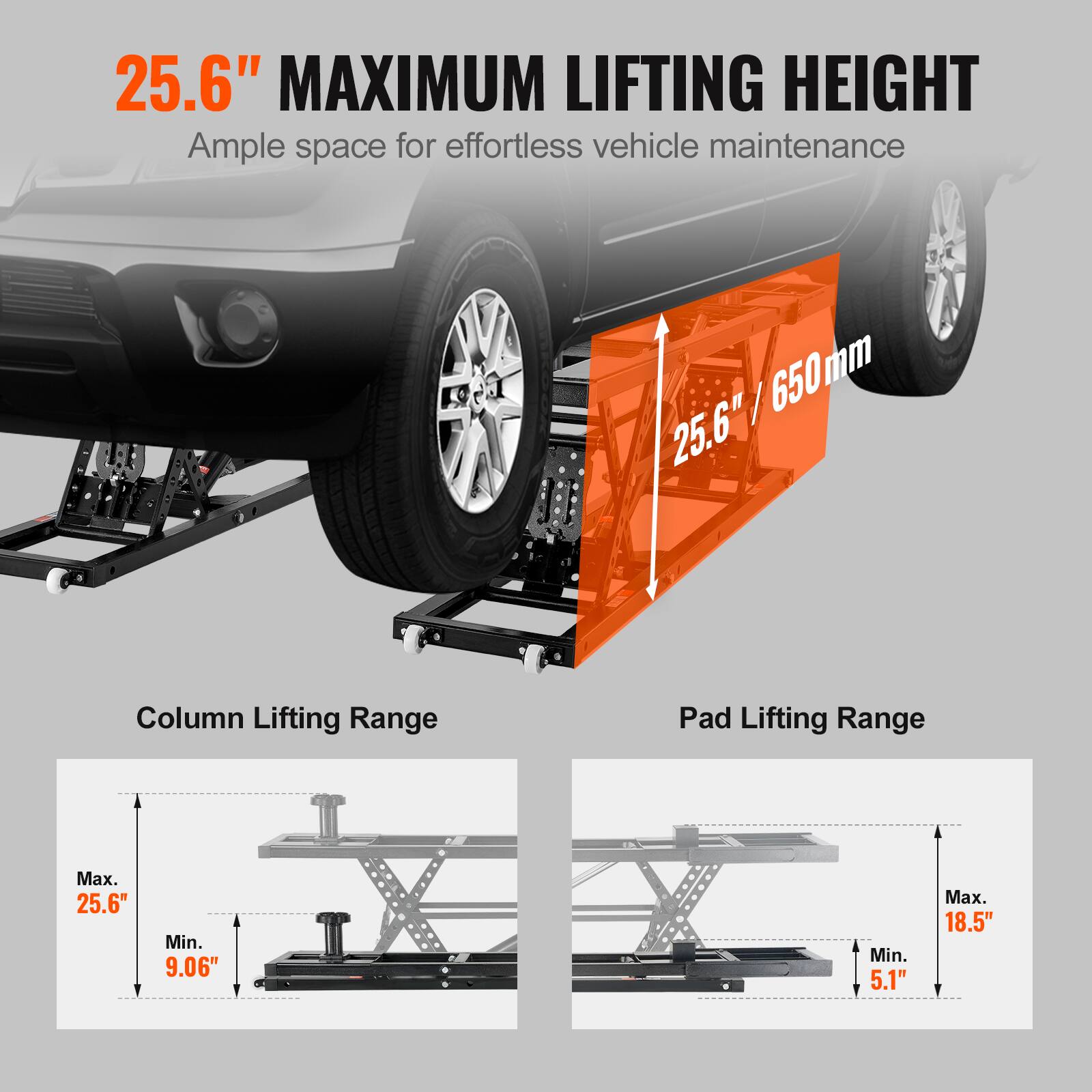 25.6" MAXIMUM LIFTING HEIGHT  
Ample space for effortless vehicle maintenance

25.6"/ 650mm

Column Lifting Range  
Max. 25.6"  
Min. 9.06"

Pad Lifting Range  
Max. 18.5"  
Min. 5.1"