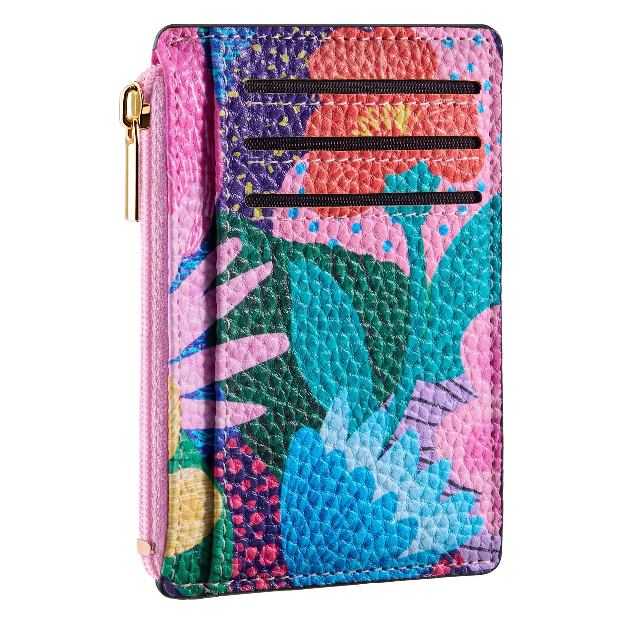 Jadie Link - Credit Card Holder Women Slim Minimalist Front Pocket Rfid Blocking Wallet Small Compact Case Window Vibrant Pink Ult - Floral Bloom