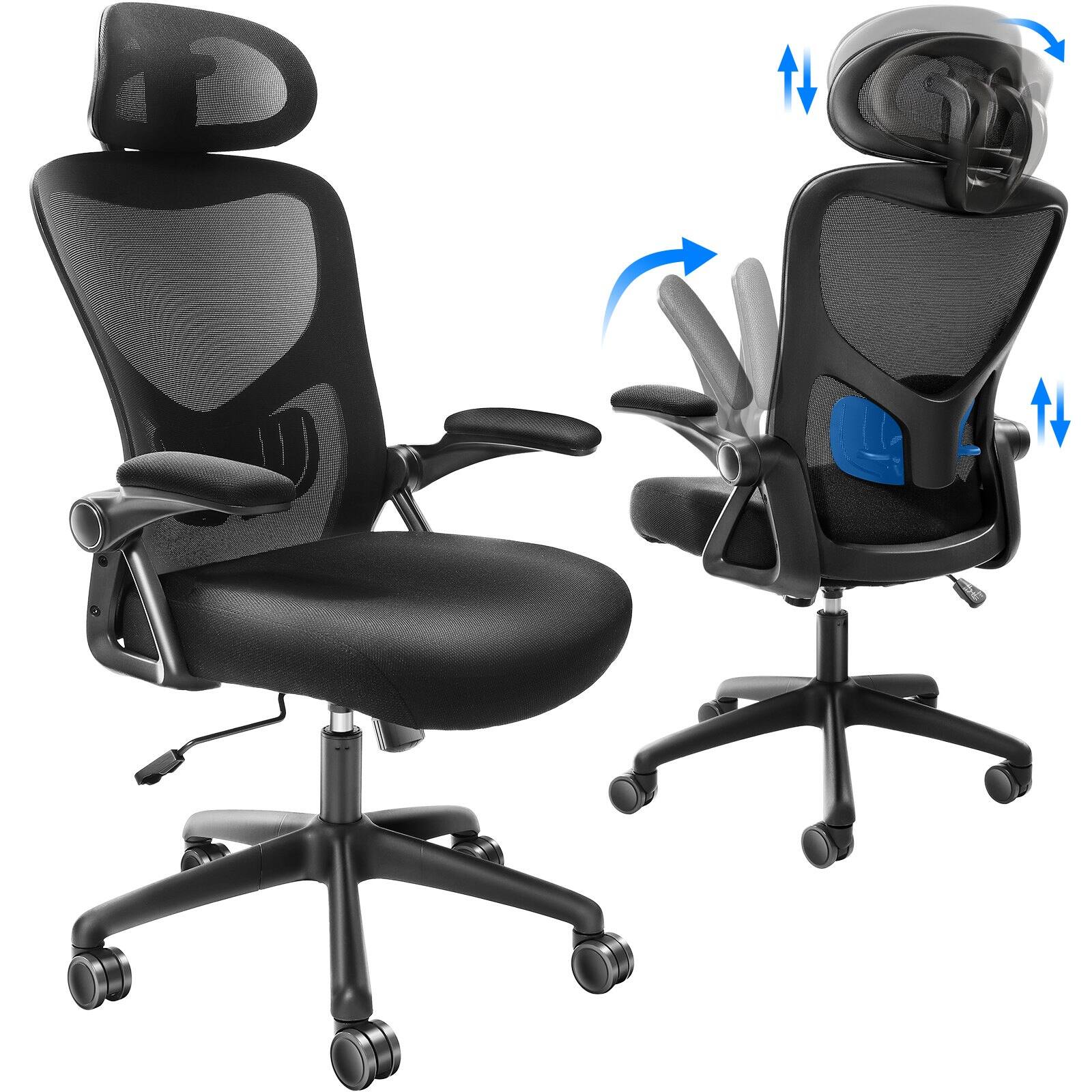 Front. Glintex - Ergonomic Office Chair with Adjustable Lumbar Support, Headrest and Armrest, High Back Computer Chair for Home Office - Black.