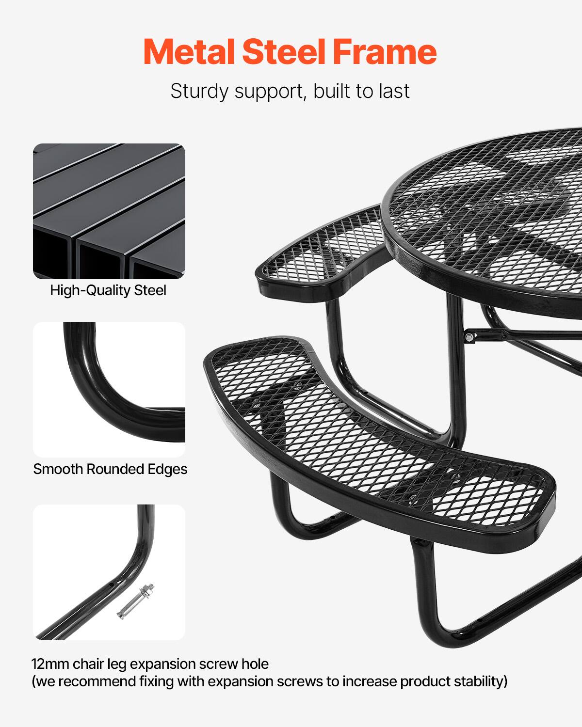 Metal Steel Frame  
Sturdy support, built to last  

- High-Quality Steel  
- Smooth Rounded Edges  
- 12mm chair leg expansion screw hole (we recommend fixing with expansion screws to increase product stability)