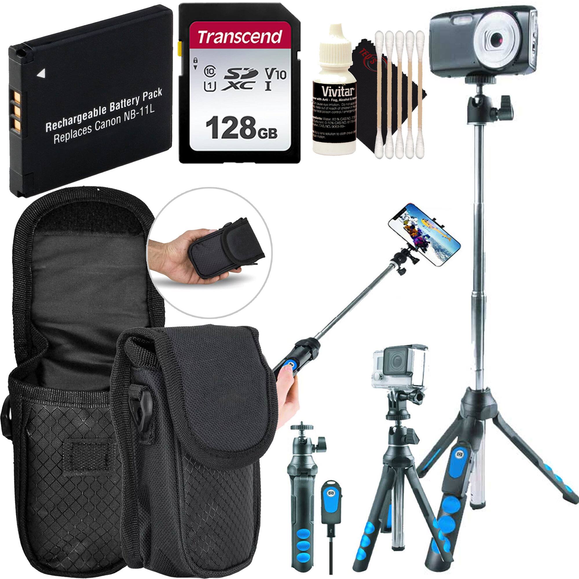 Vivitar - Neoprene Compact Protective Carrying Case for Digital Camera, Cleaning Kit, Transcend 128GB SDXC/SDHC Memory Card Bundle