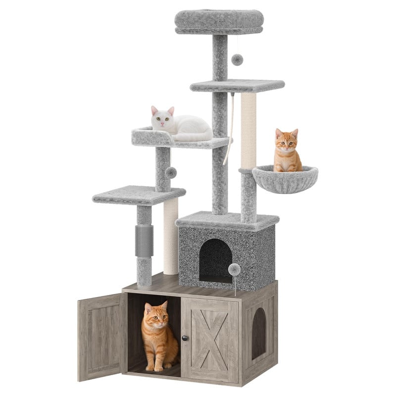 GARVEE - All-in-One Cat Tree w/Litter Box Enclosure - Modern Cat Tower w/Scratching Posts, Hammock, Condo & Hidden Storage - Gray