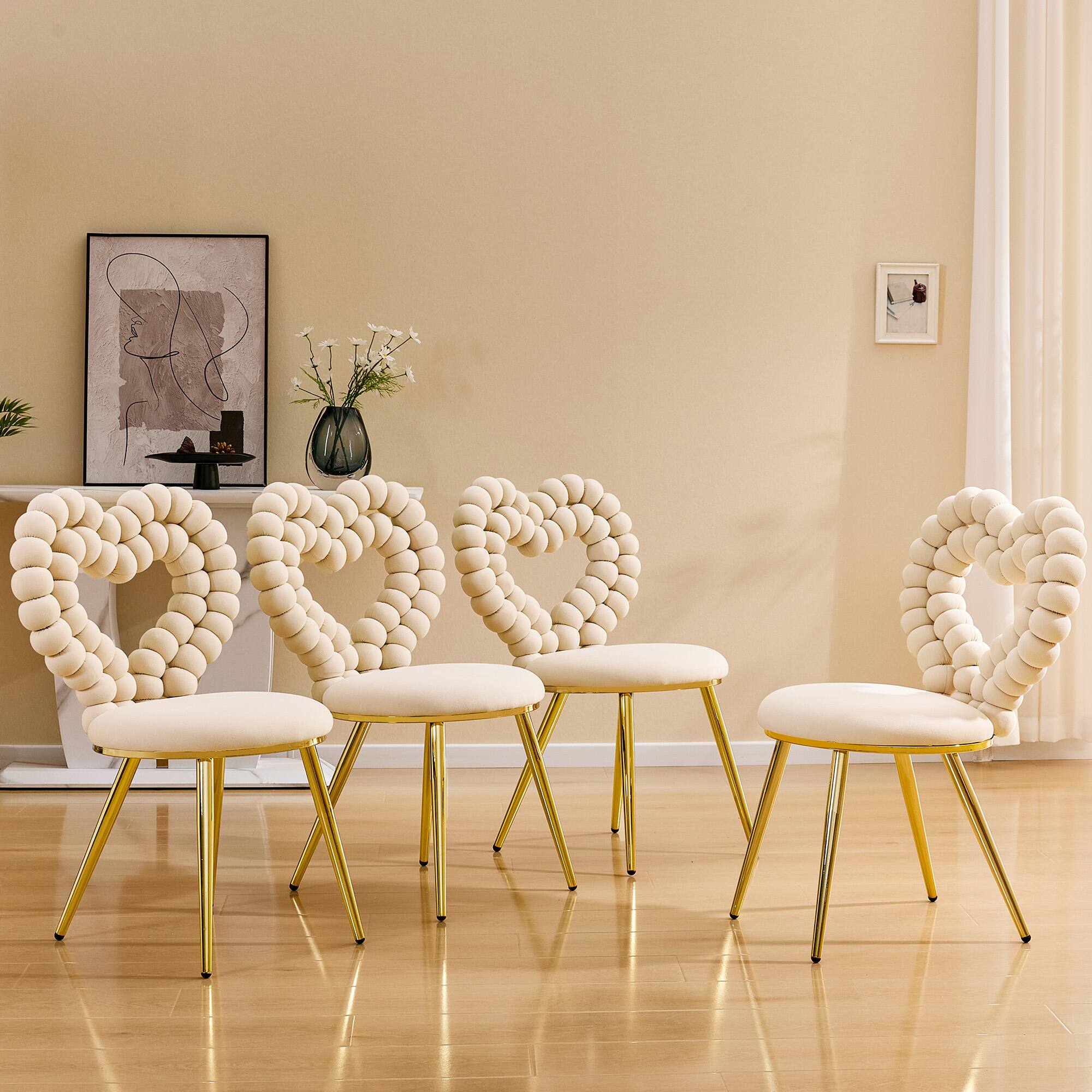 Back. Loheer - Loheer Heart Accent Chair, Bubble Tufted Velvet Dining Chair with Gold Metal Frame, Cute Vanity Seating, 2 ft - Beige,Gold.