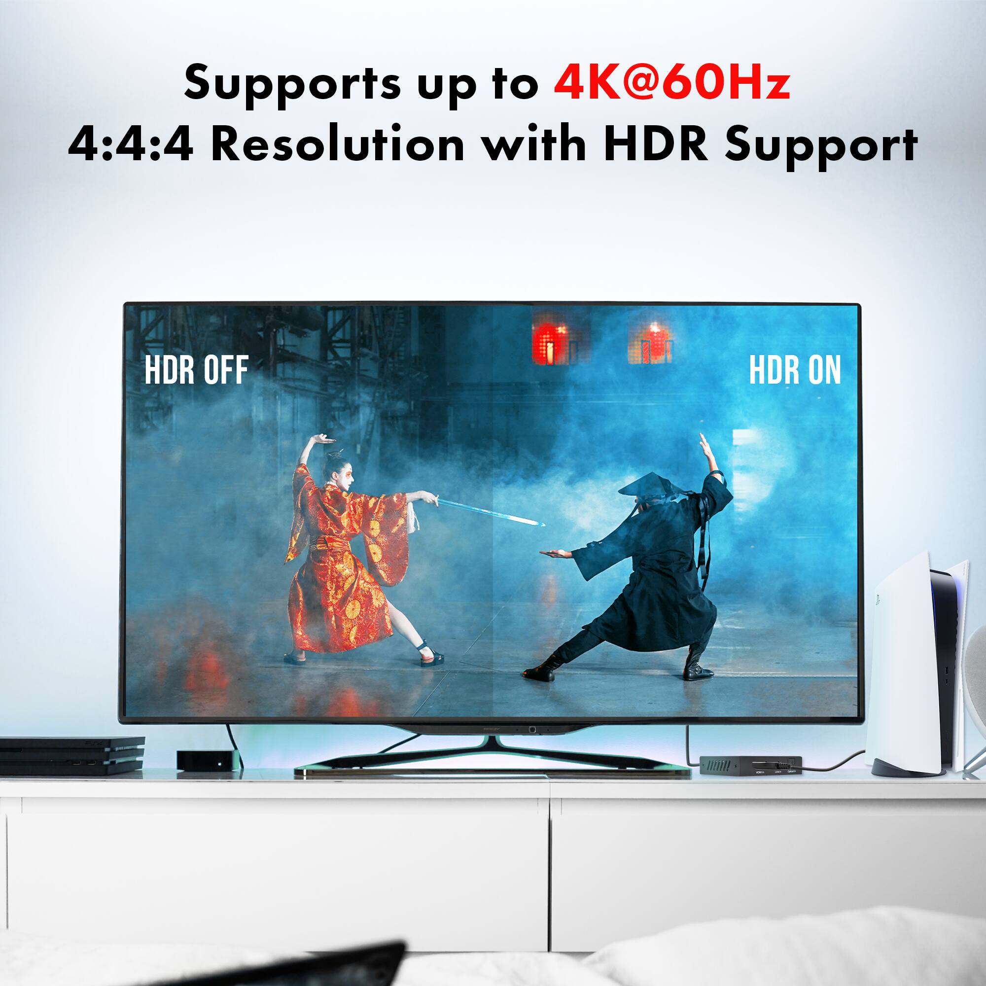 Supports up to 4K@60Hz  
4:4:4 Resolution with HDR Support  

HDR OFF  
HDR ON