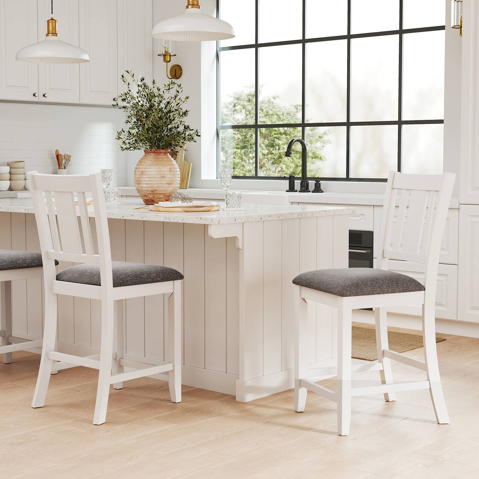 Alt View 1. Gymax - Gymax Rubber Wooden Bar Stools Set of 2 w/ Ergonomic Back Comfortable Linen Cushion - White, Gray.