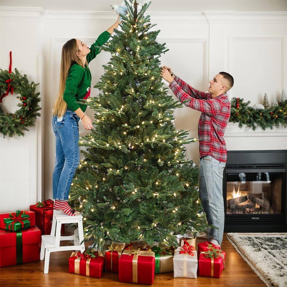 Pefilos - 5ft Christmas Tree with Hinge Design, PE+PVC Mixed Material, 1129 Tips, 350 Warm White Lights for Christmas Decor - Green
