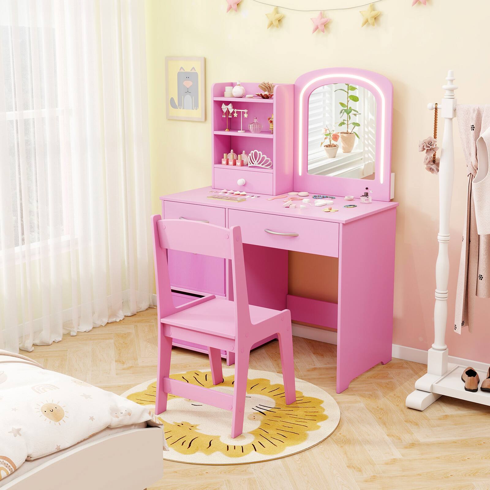 Alt View 1. Gymax - Gymax Kids Vanity Set Princess Makeup Desk & Chair w/ Mirror & Lights Open Shelves Pink - Pink.