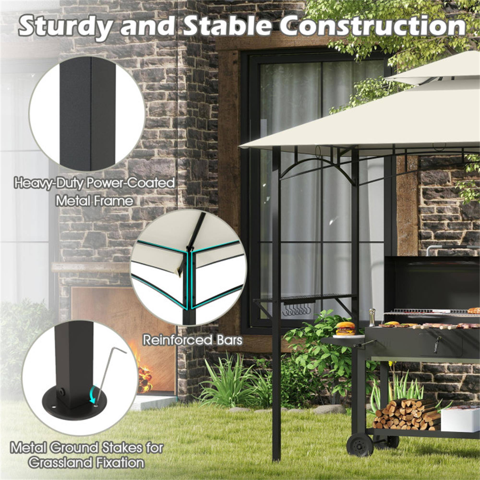 Sturdy and Stable Construction  
Heavy-Duty Power-Coated Metal Frame  
Reinforced Bars  
Metal Ground Stakes for Grassland Fixation