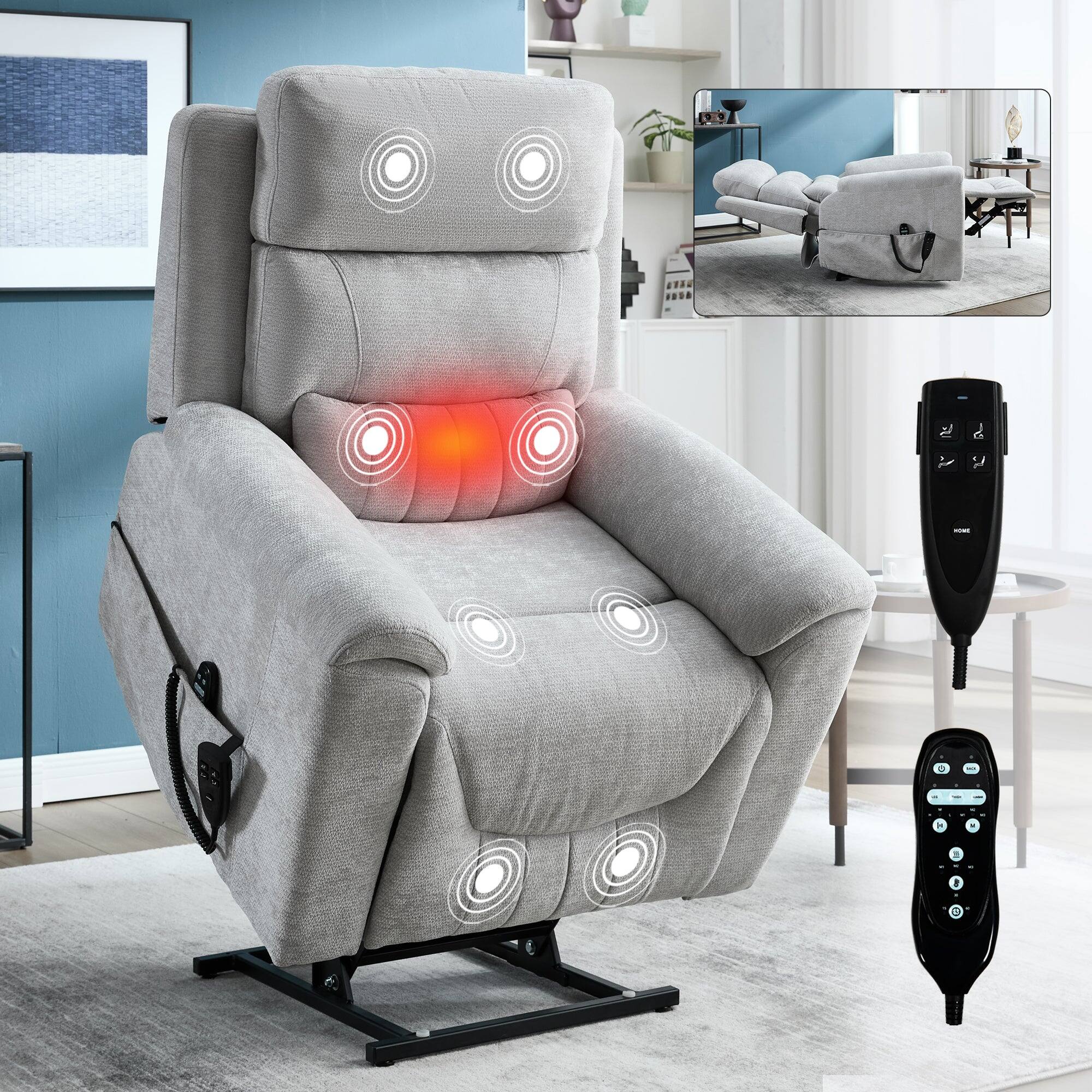 Alt View 1. Boyel Living - Light Gray Chenille Dual Motor Power Lift Recliner Chair, Infinite Position, 350 LBS, 8-Point Massage & Lumbar Heat - Light Gray.