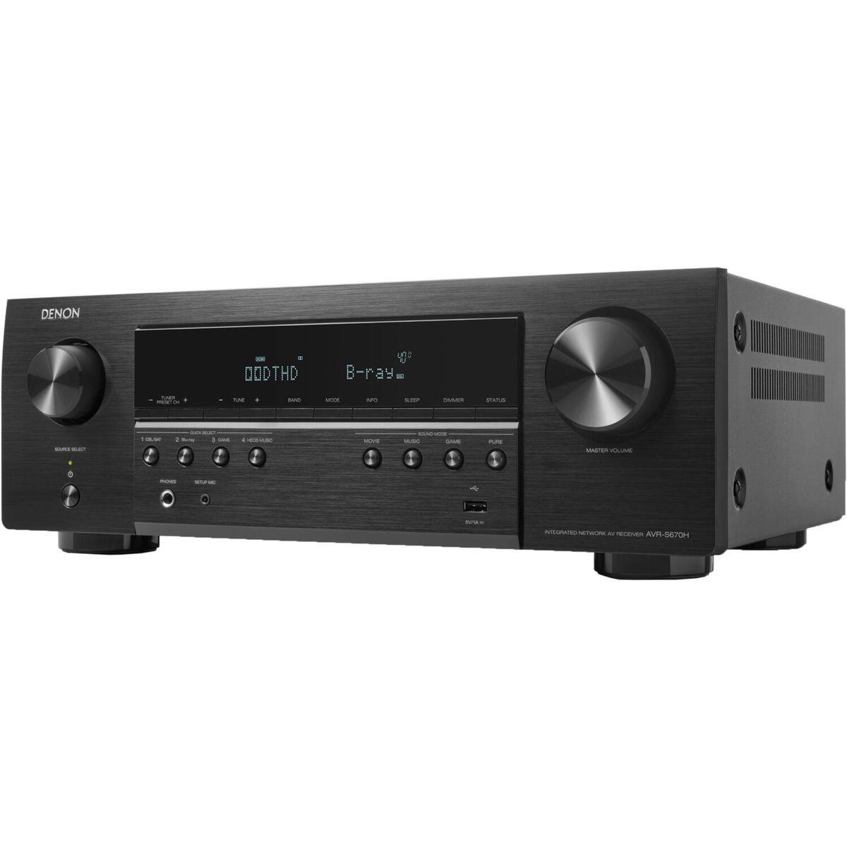 DENON  
DODTHD  
B-ray  
PREDICTION 01  
EN  
BAIO  
MODE  
IVO  
SLEEP  
OMVER  
STATUS  
SOURCE SELECT  
00.00  
COMMENT: Bu-lay 1 GAVE  
I HEOS-MUSO  
MOVIE  
SOUIC MORE MUSO GAME  
PURE  
MASTER VOLUME  
noc  
SETURAG  
50%  
INTEGRATED NETWORK RECEIVER AVR-S670H