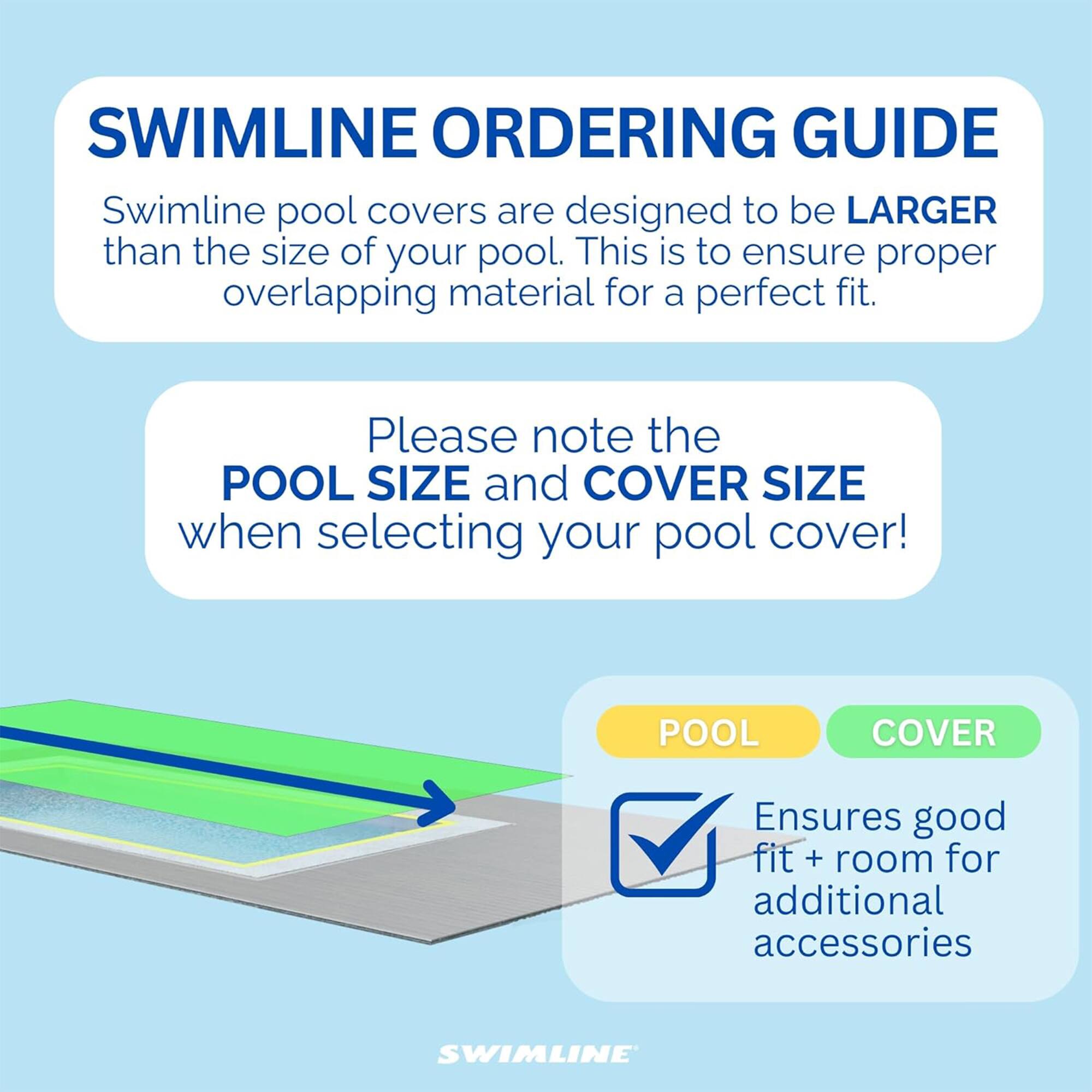 SWIMLINE ORDERING GUIDE  
Swimline pool covers are designed to be LARGER than the size of your pool. This is to ensure proper overlapping material for a perfect fit.  

Please note the POOL SIZE and COVER SIZE when selecting your pool cover!  

POOL  
COVER  
Ensures good fit + room for additional accessories  

SWIMLINE