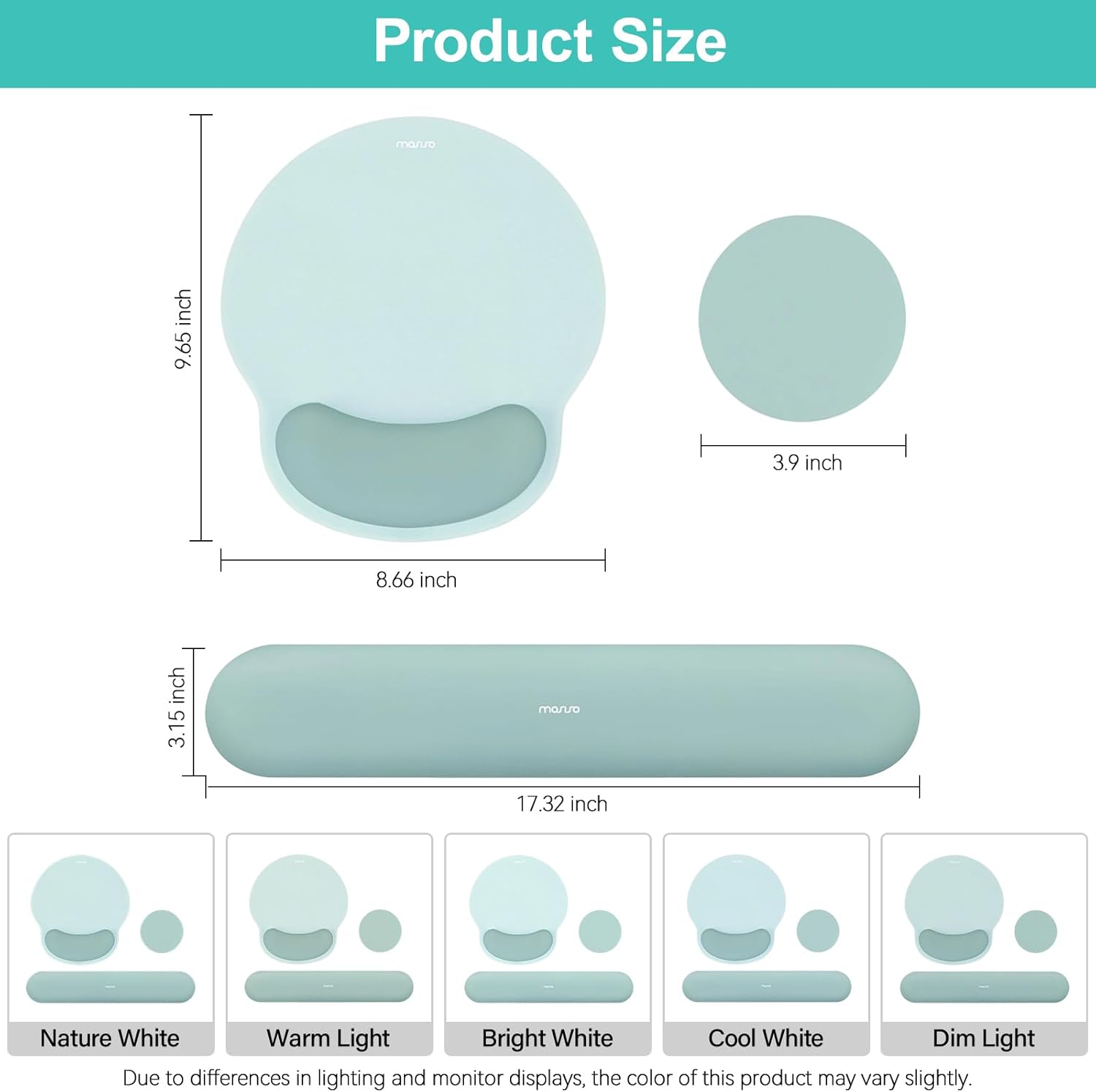 Product Size:  
- Height: 9.65 inch  
- Diameter: 3.9 inch  
- Length: 8.66 inch  
- Width: 3.15 inch  
- Overall Length: 17.32 inch  

Light Options:  
- Nature White  
- Warm Light  
- Bright White  
- Cool White  
- Dim Light  

Note: Due to differences in lighting and monitor displays, the color of this product may vary slightly.