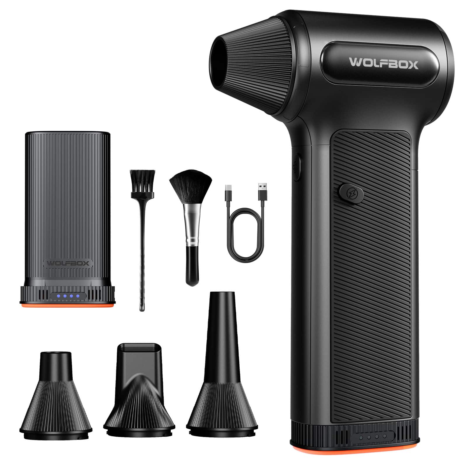 WOLFBOX - DF200 Cordless Electric Air Duster with 2 Removable Batteries, 3-Speed Air duster, 4 Nozzles & 2 Brushes for PC,Keyboard - Black