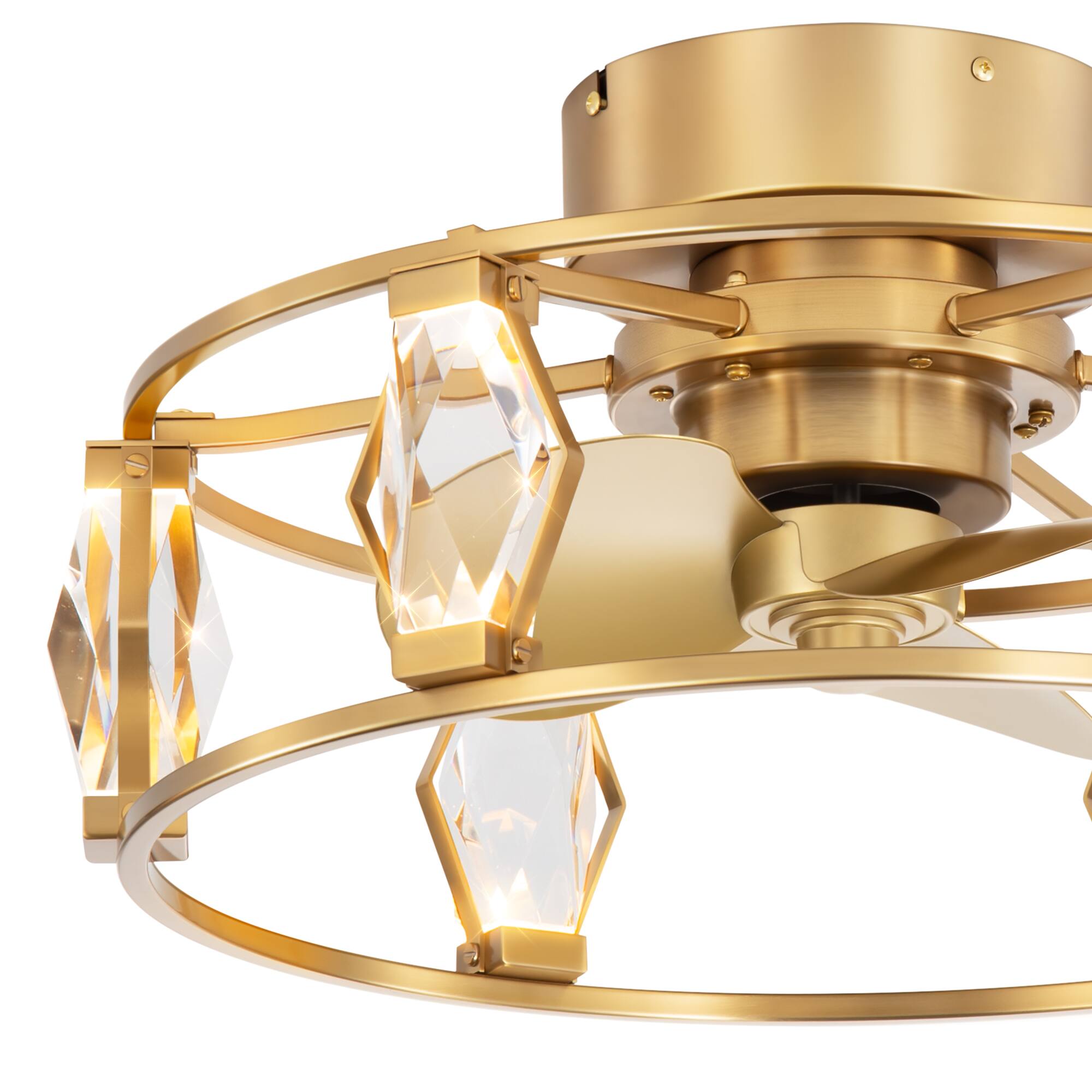 Left. Breezary - 20-Inch Indoor Flush Mount Caged Ceiling Fan with 3 ABS Blades, DC Motor, 6-Speed Remote Control, Timer, Modern Design - Antique Brass with Gold-Copper.